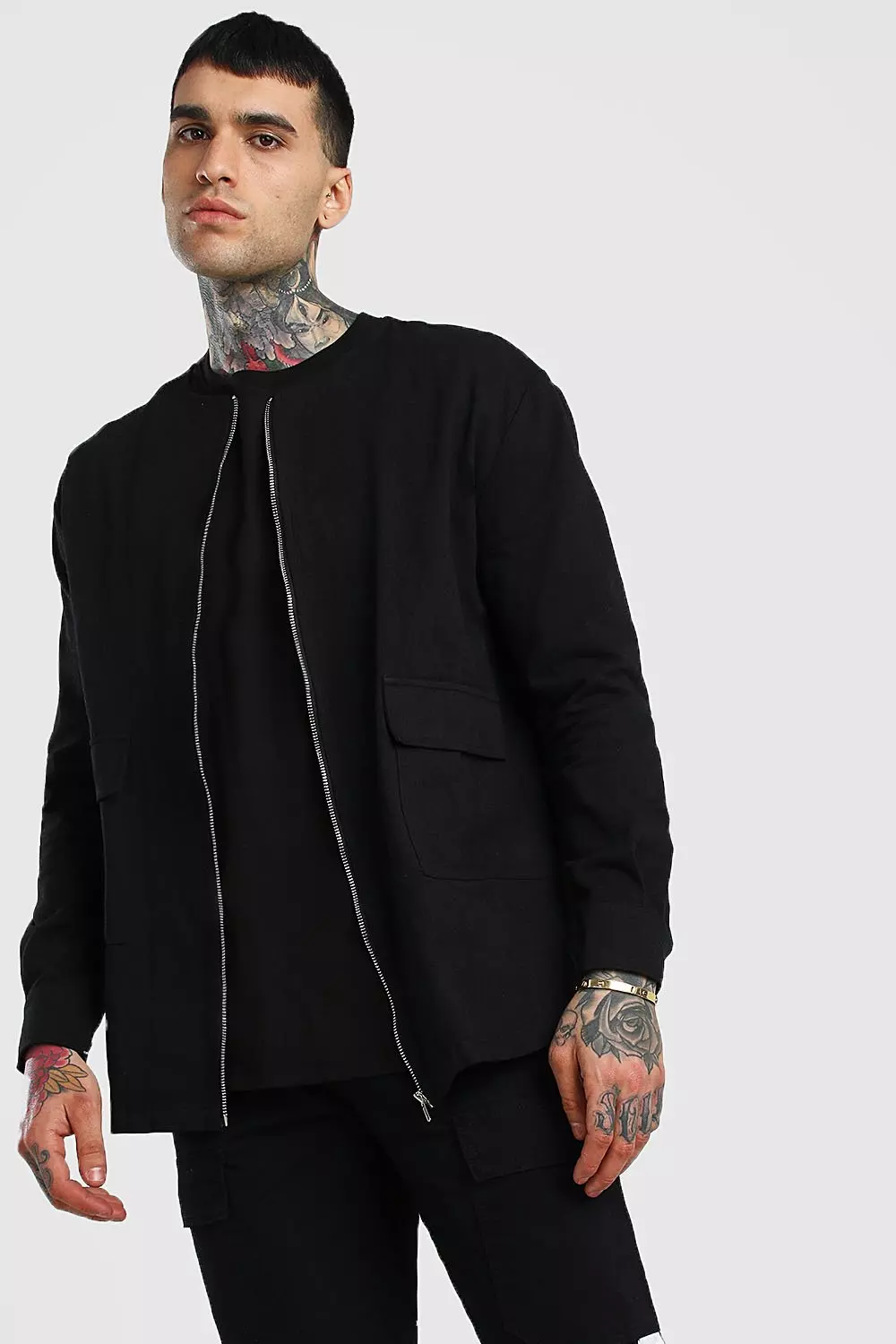 Long Sleeve Collarless Shirt Jacket | boohooMAN USA