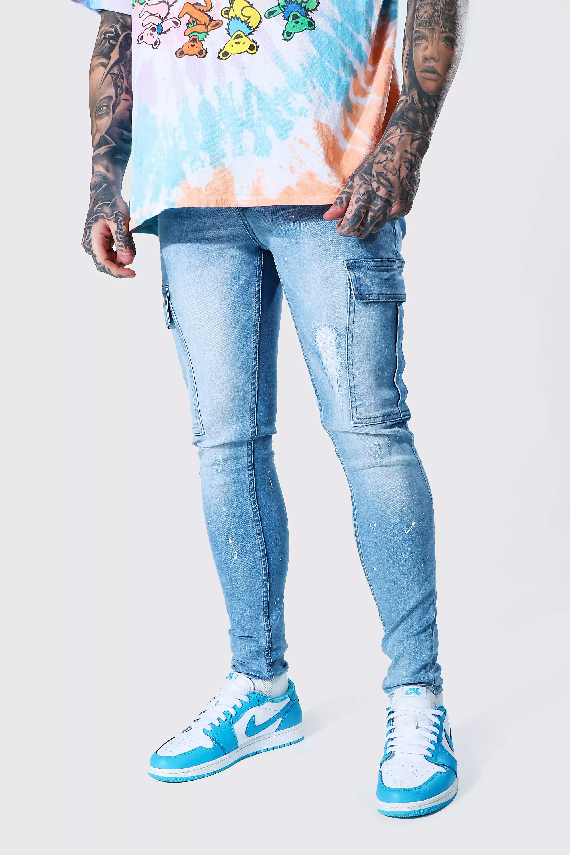 Super Skinny Cargo Jeans With Paint Splatter