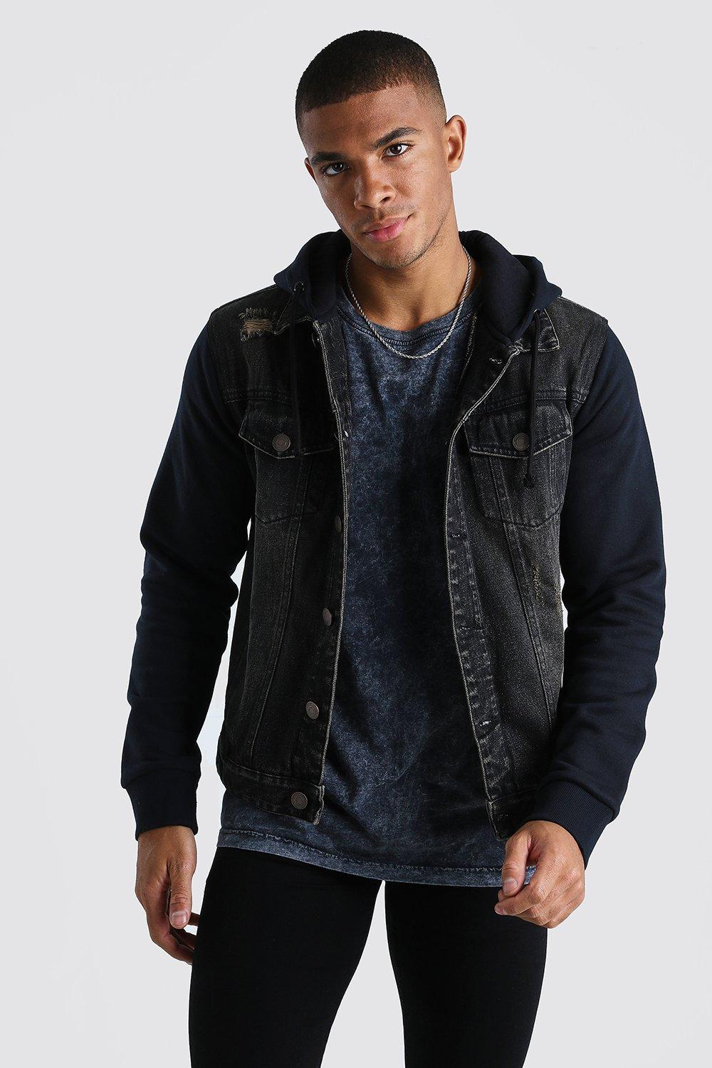 jean jacket with grey hood