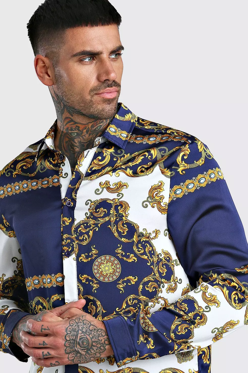 Chemise en satin à manches longues imprimé baroque