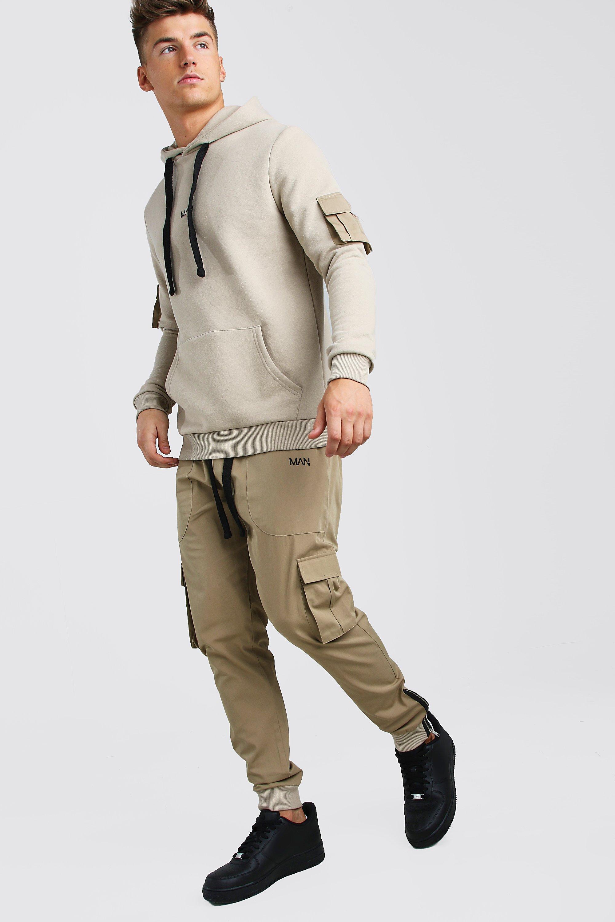 

Оригинальная толстовка MAN с капюшоном карго и джоггеры из твила, сет, Khaki
