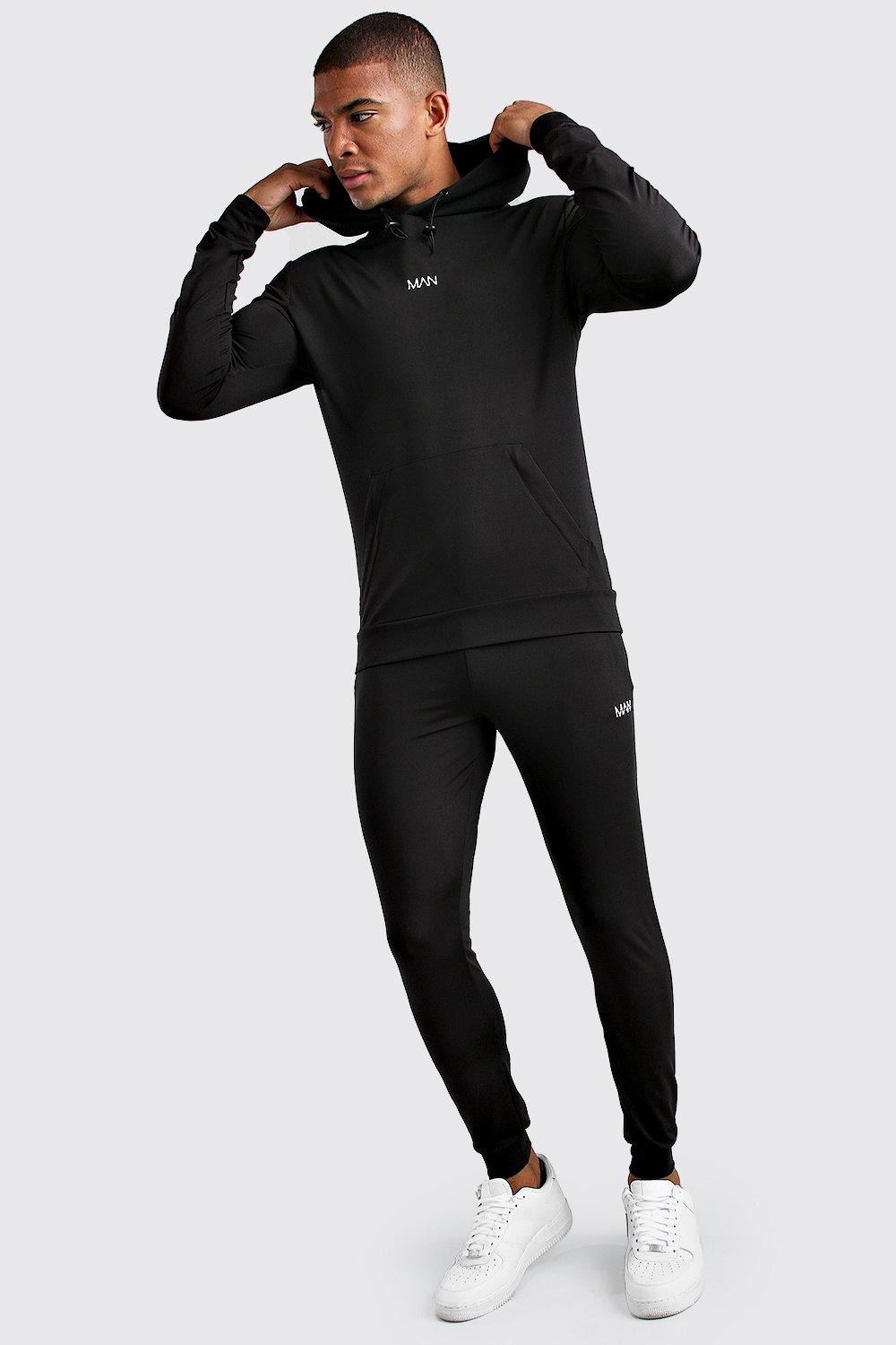

Облегающий спортивный костюм MAN из полиэстера с капюшоном на молнии, Black