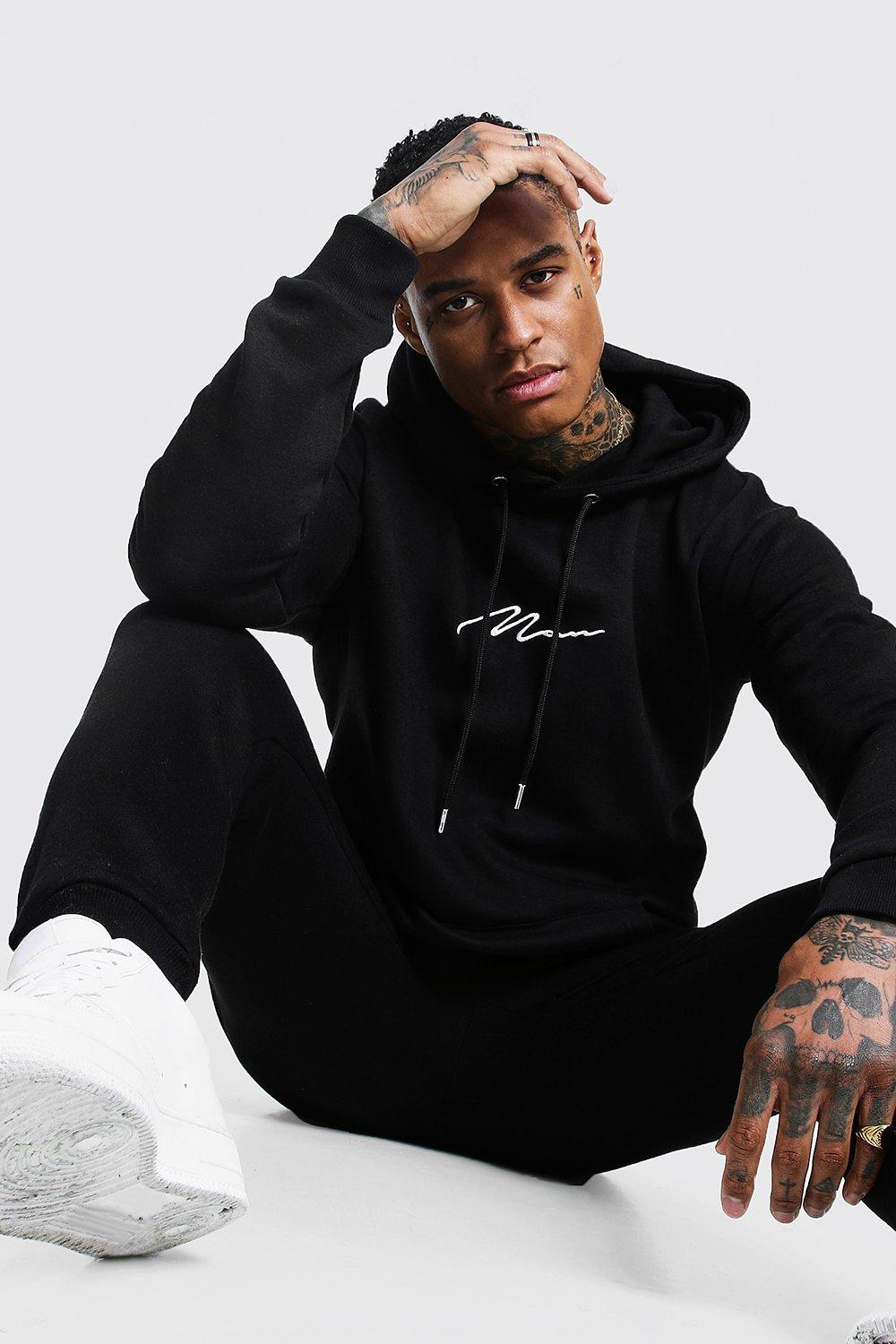 boohooman hoodie with man embroidery in black