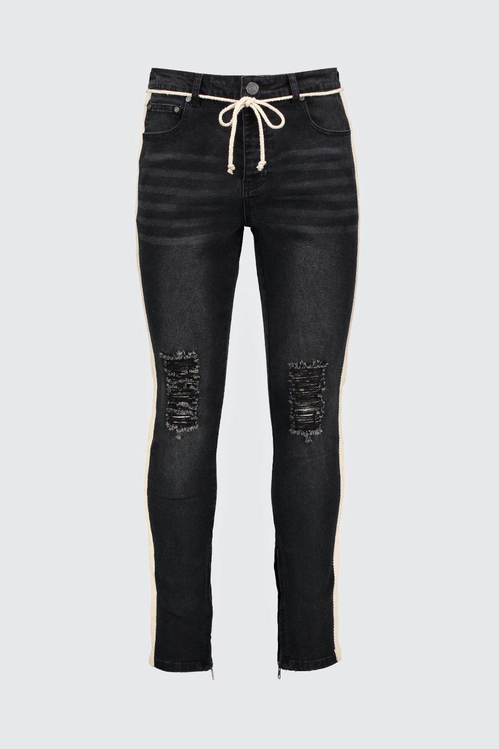 

Skinny Busted Knee Jeans With Tape & Belt, Washed black