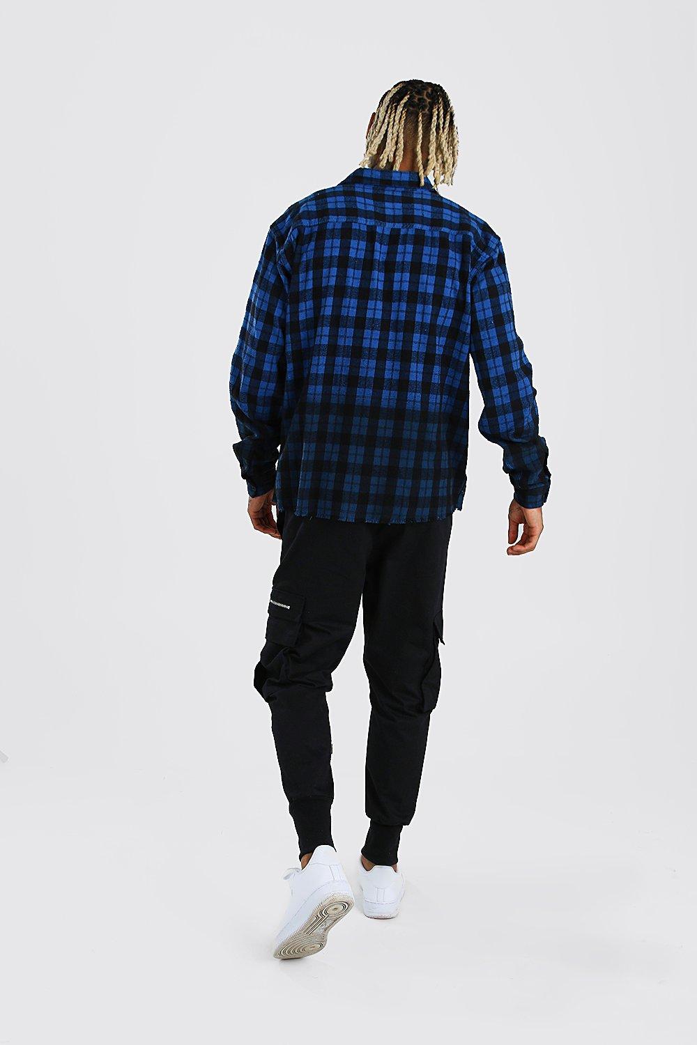 

Long Sleeve Ombre Check Shirt With Raw Hem, Blue