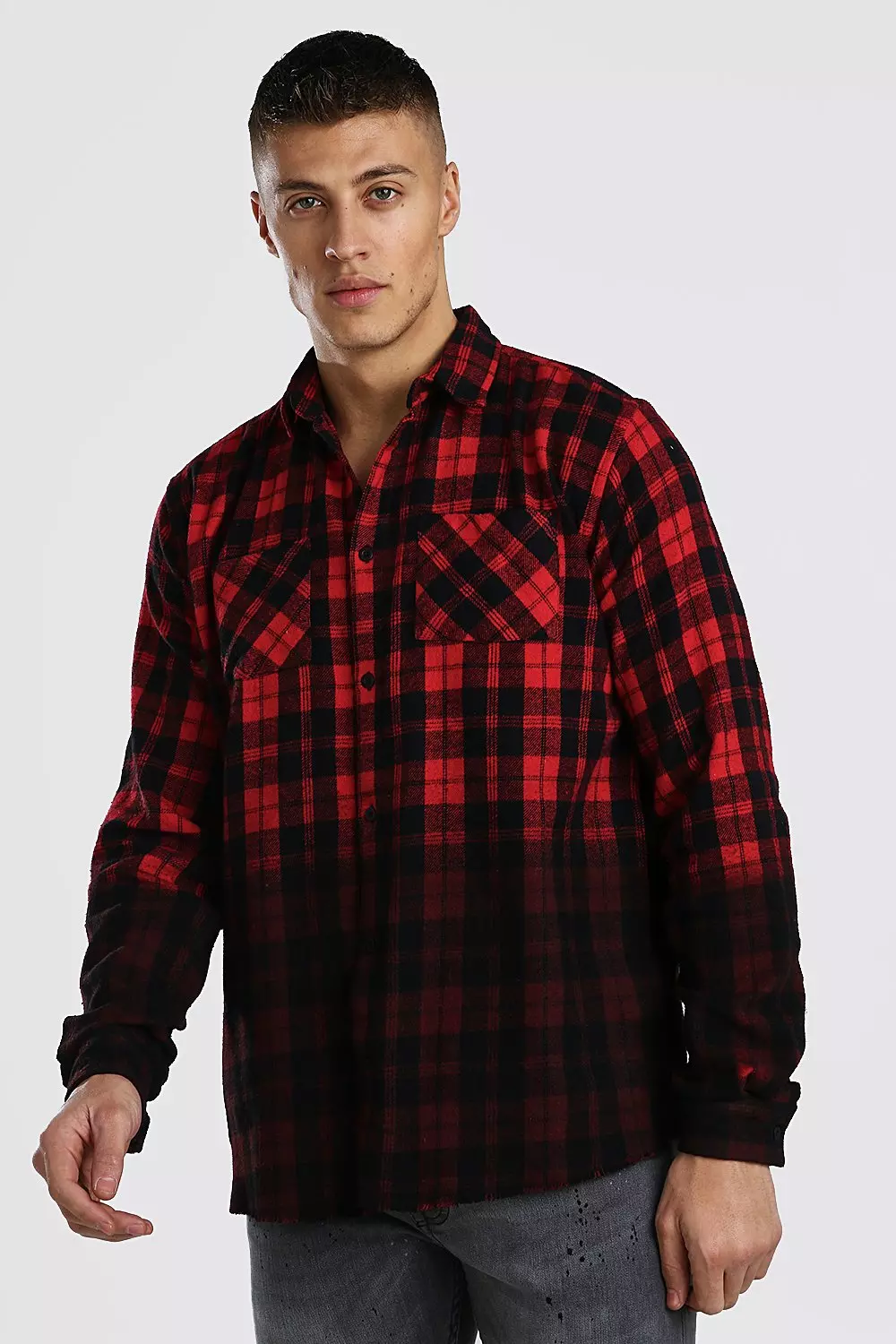 Long Sleeve Ombre Check Shirt With Raw Hem | boohooMAN USA