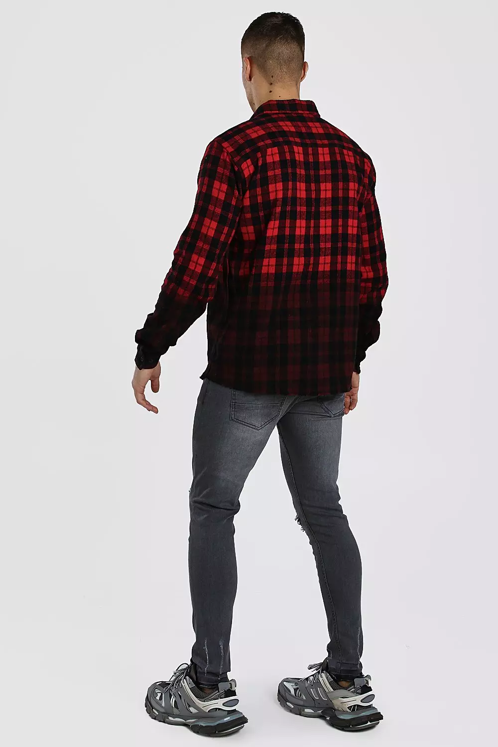 Long Sleeve Ombre Check Shirt With Raw Hem | boohooMAN USA