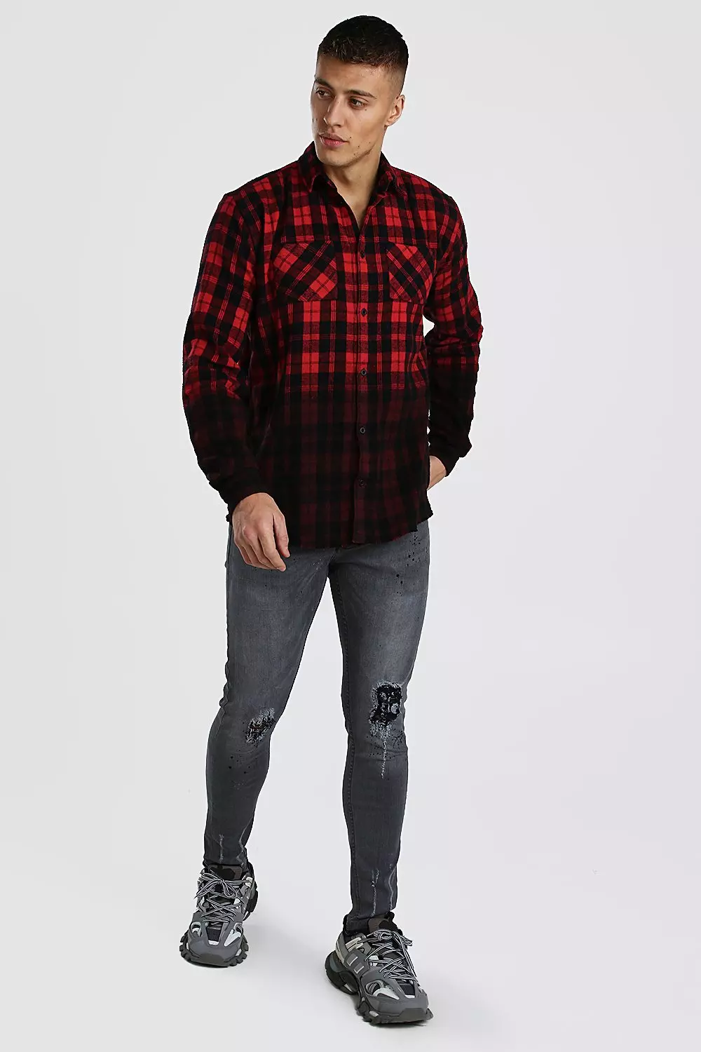 Long Sleeve Ombre Check Shirt With Raw Hem | boohooMAN USA