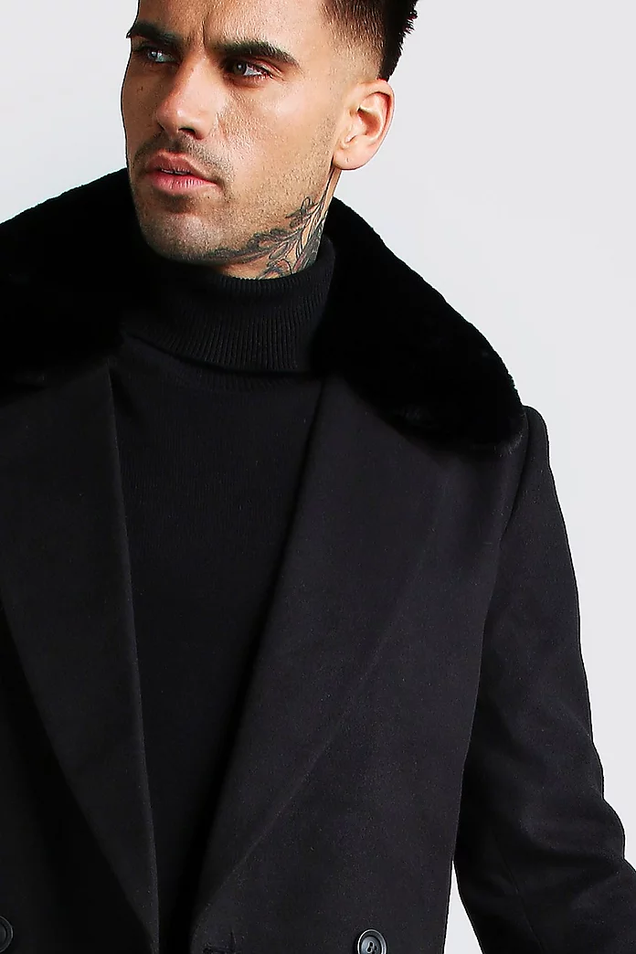 Double Breasted Faux Fur Overcoat | boohooMAN USA