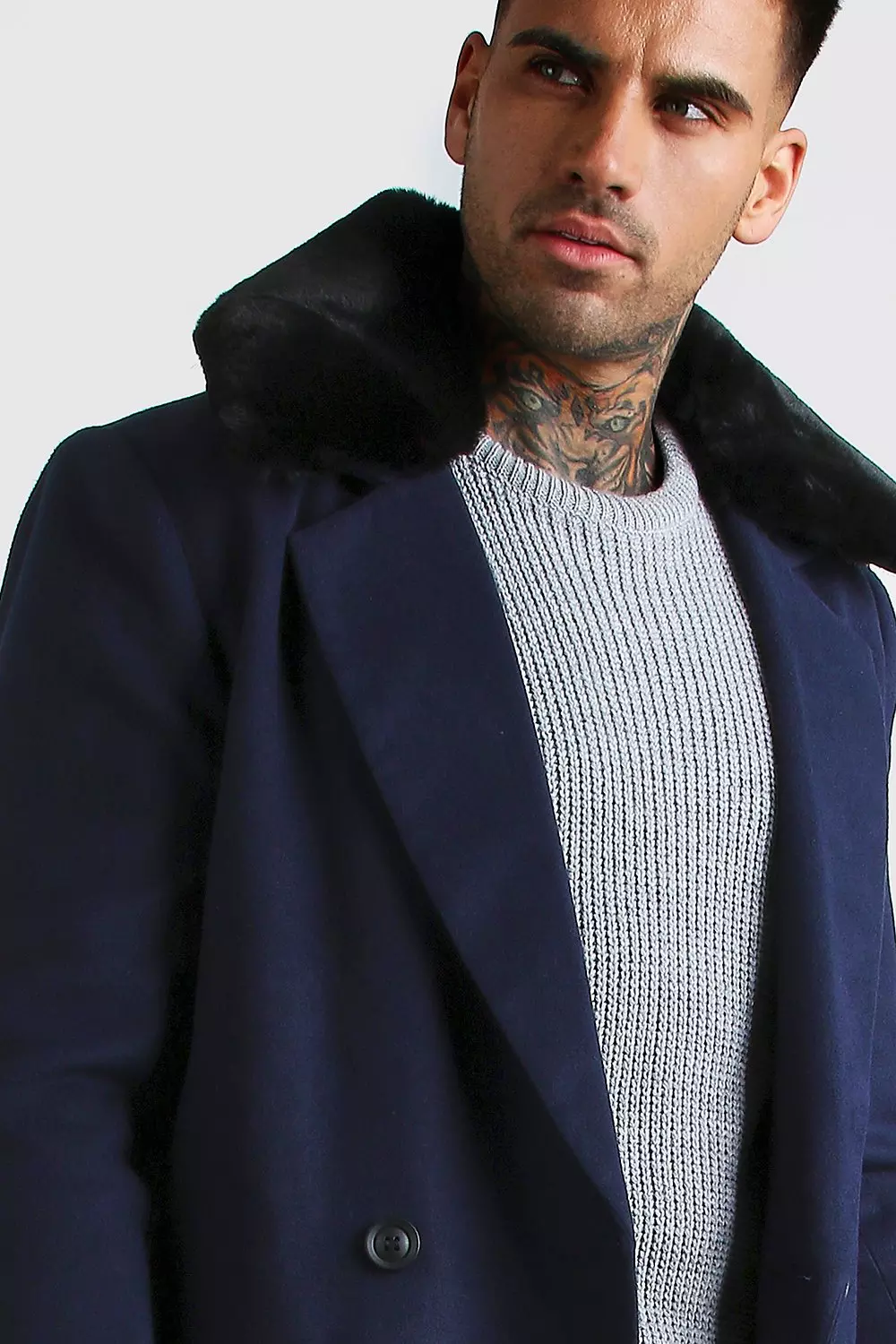 Boohooman double breasted wool overcoat sale with faux fur trim in black