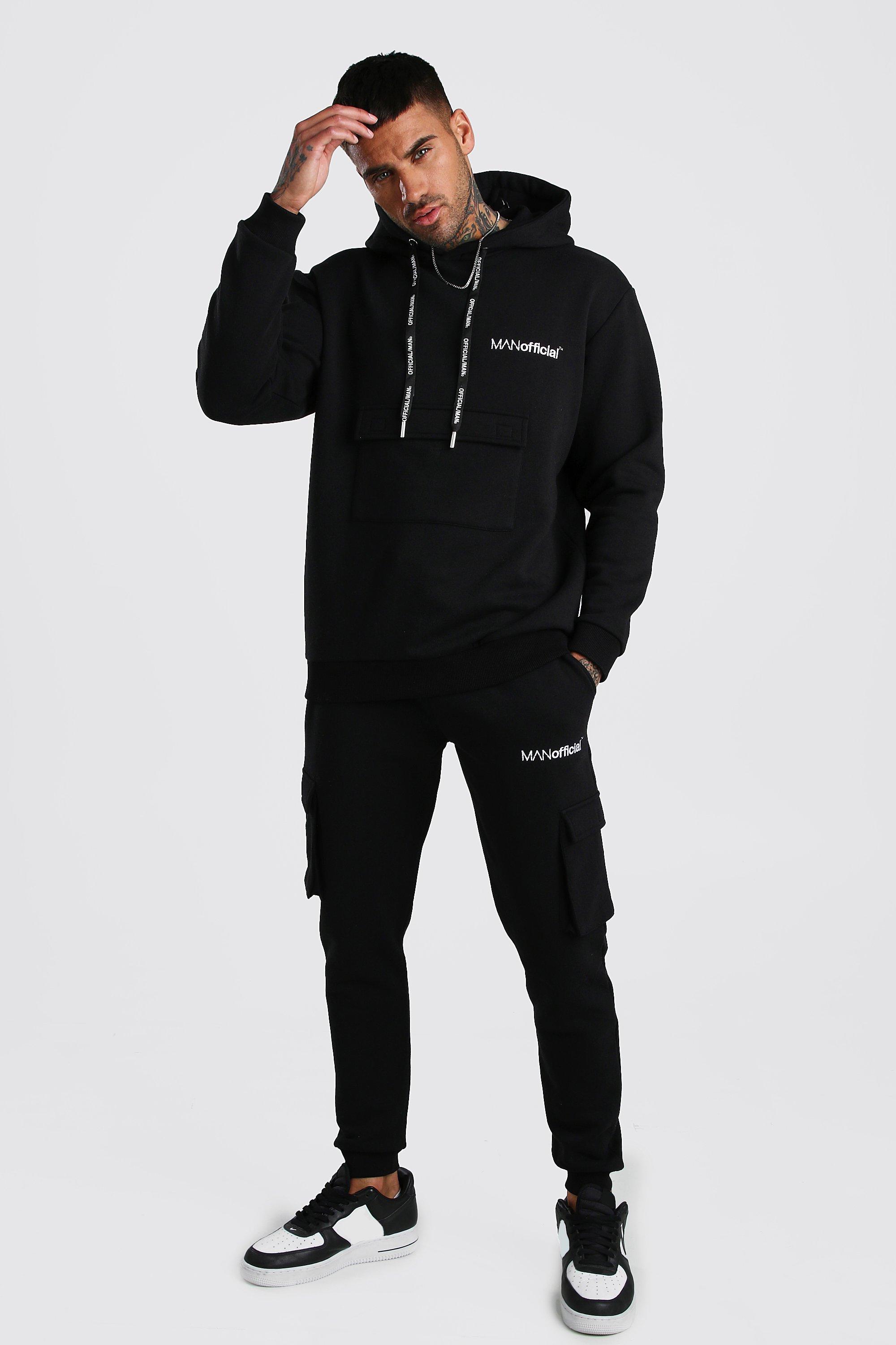 

Спортивный костюм MAN Official с капюшоном в стиле карго с принтом на спине, Black