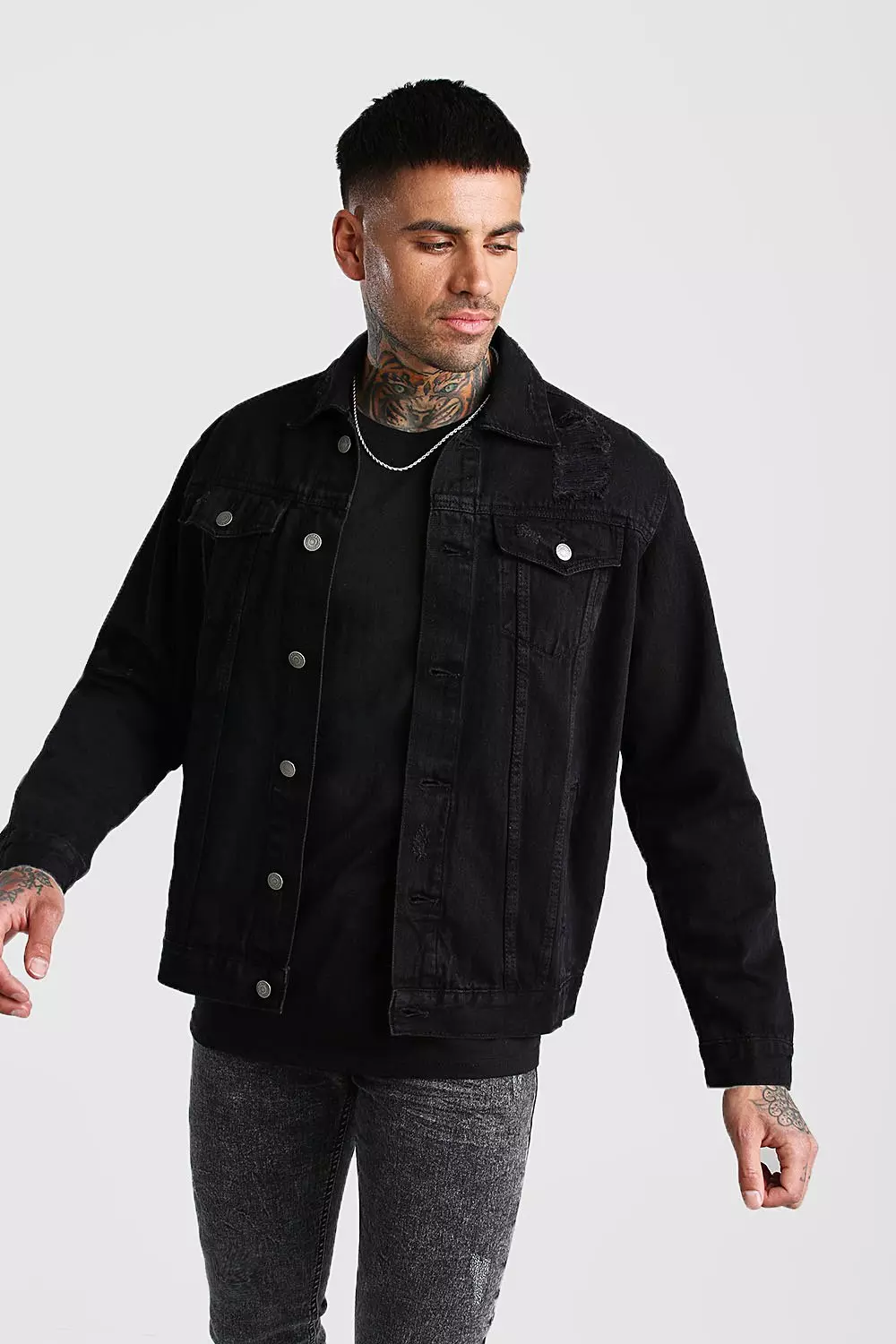 Mens black shop denim jacket distressed