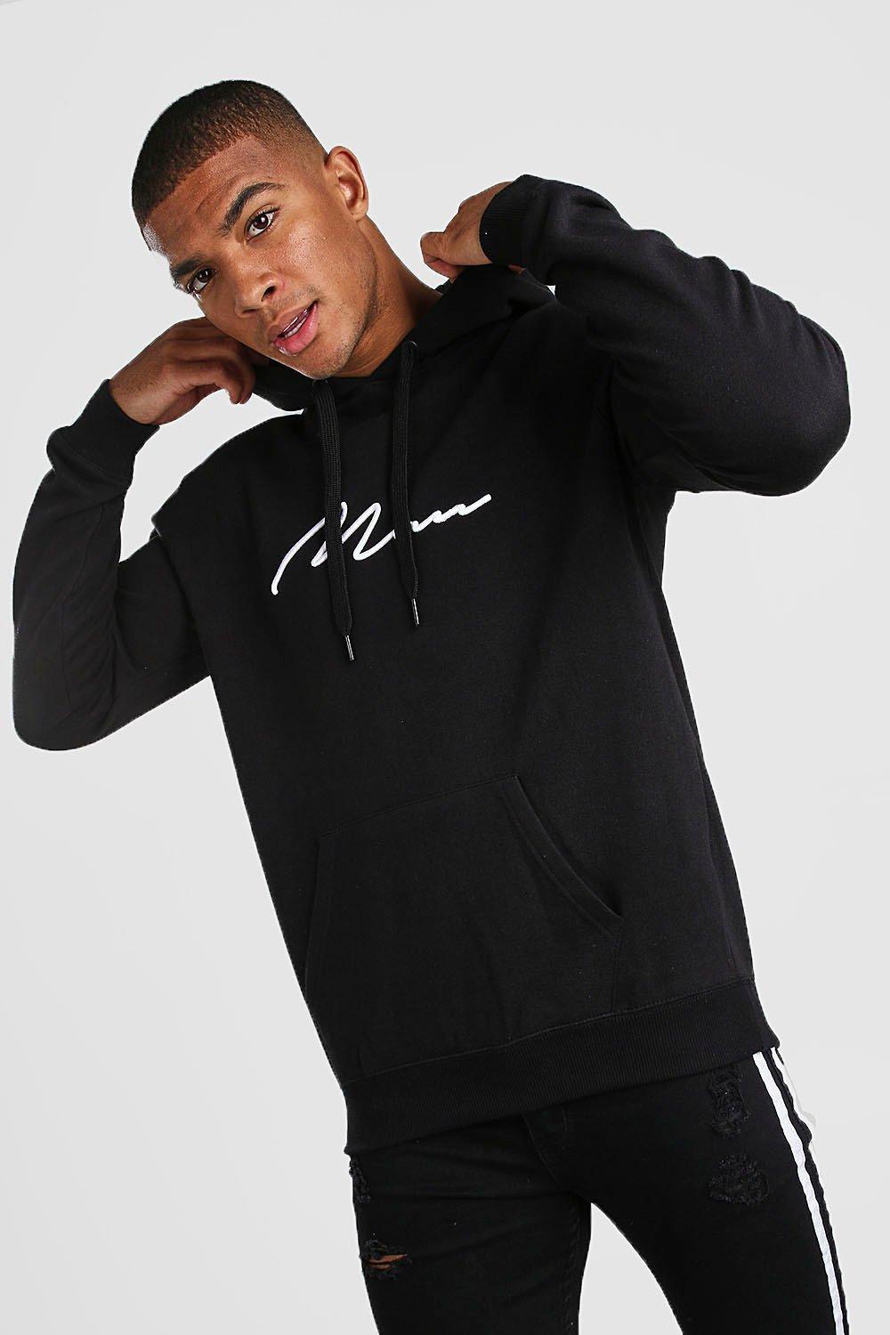 boohooman hoodie with man embroidery in black