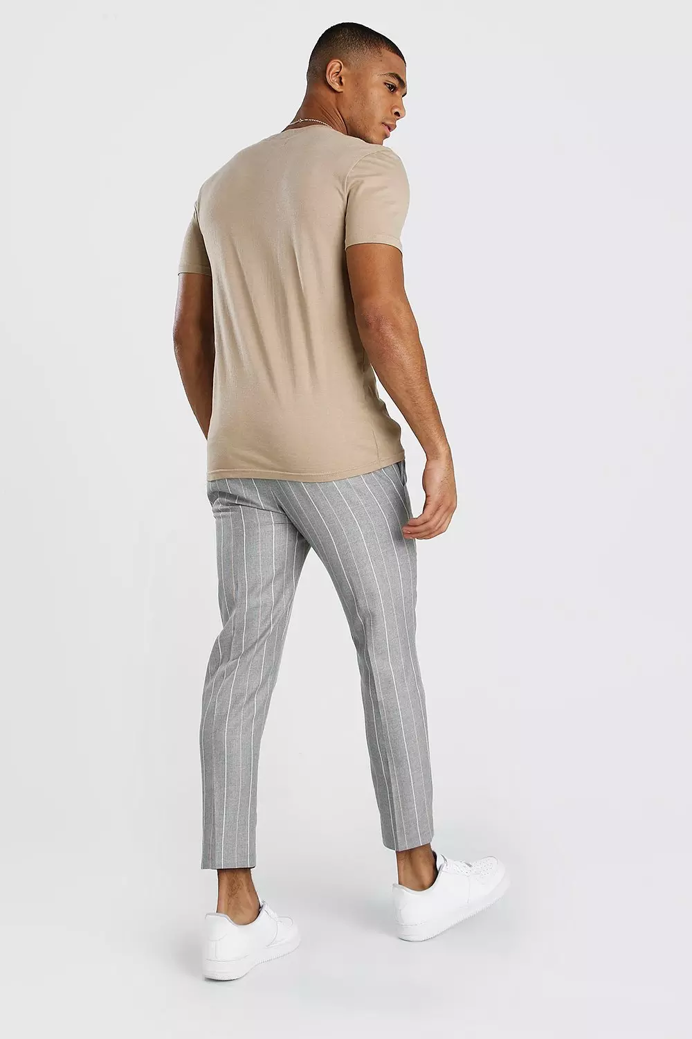 Boohooman cropped pinstripe trousers in grey sale