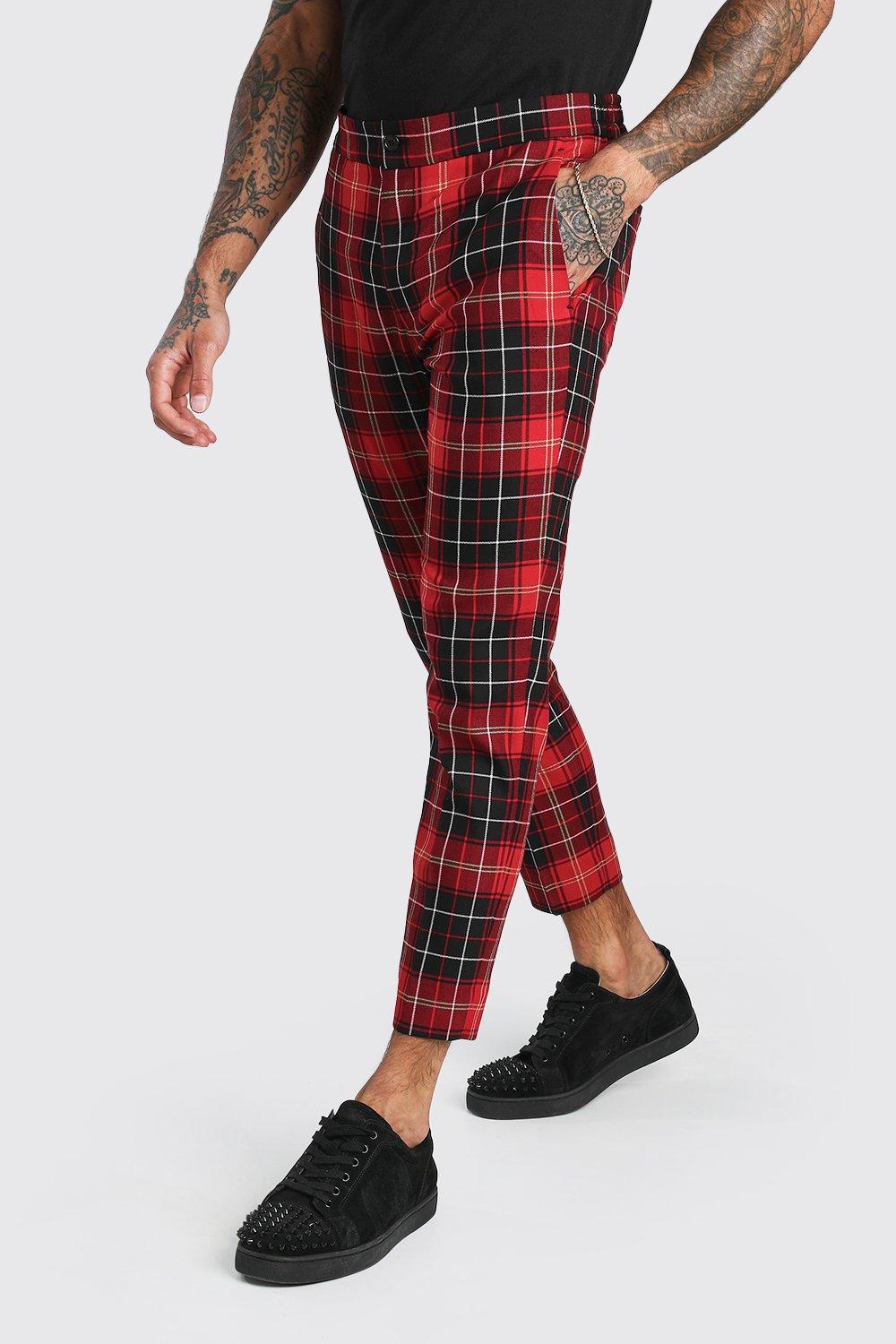 red tartan skinny trousers