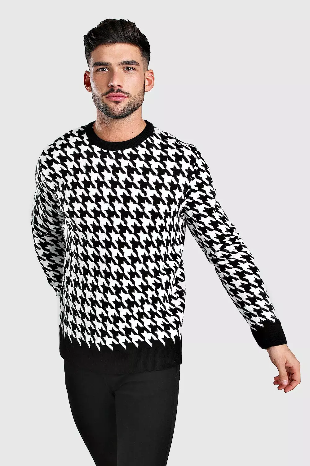 Houndstooth Crew Neck Sweater | boohooMAN USA