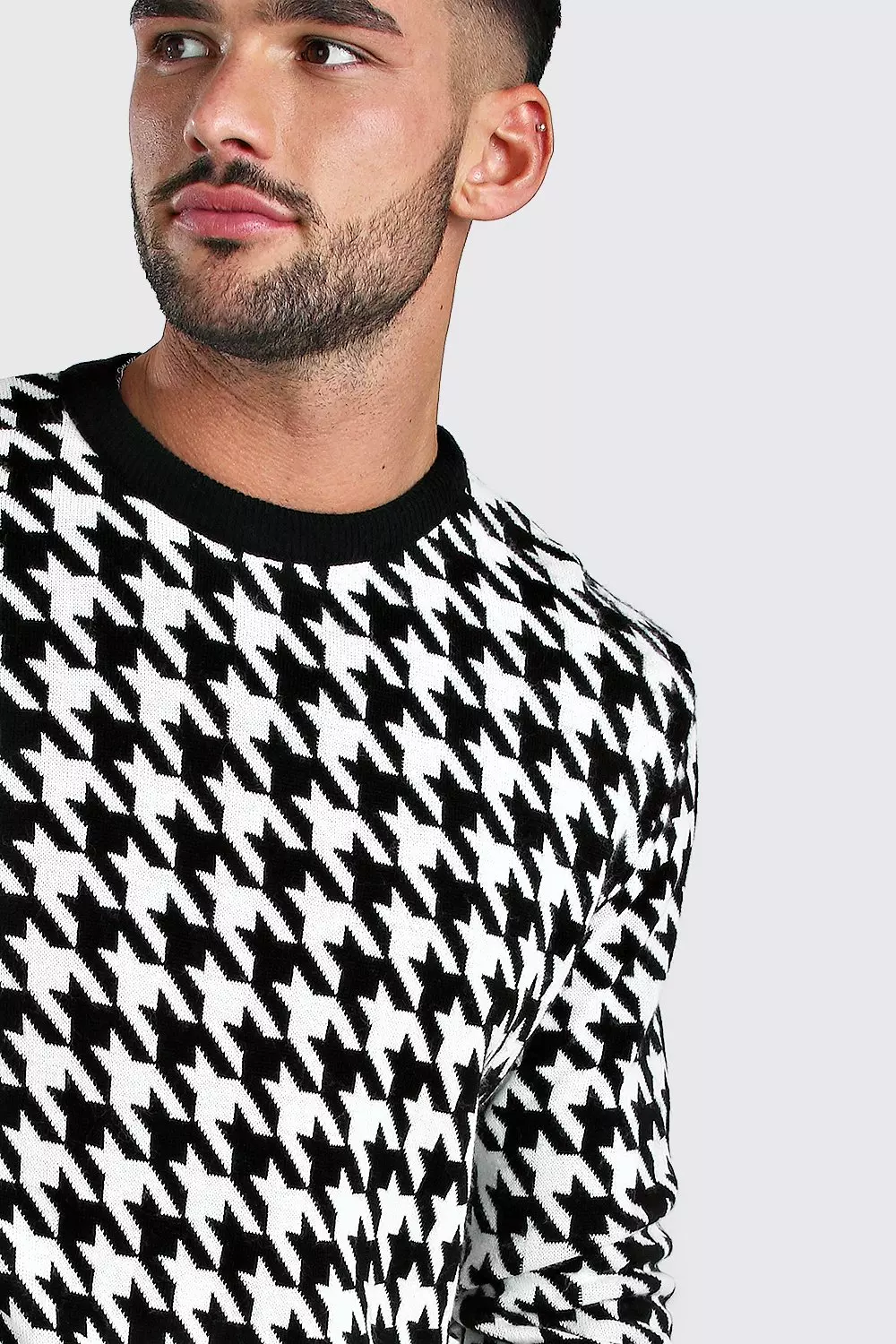 Houndstooth Crew Neck Sweater | boohooMAN USA