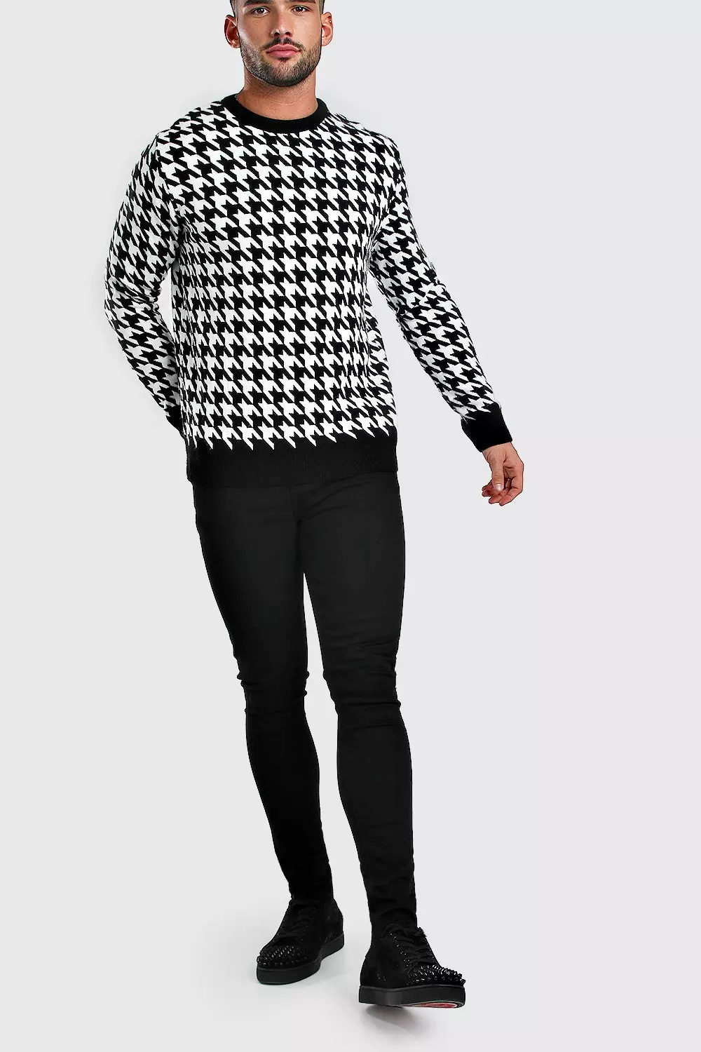 Houndstooth Crew Neck Sweater | boohooMAN USA