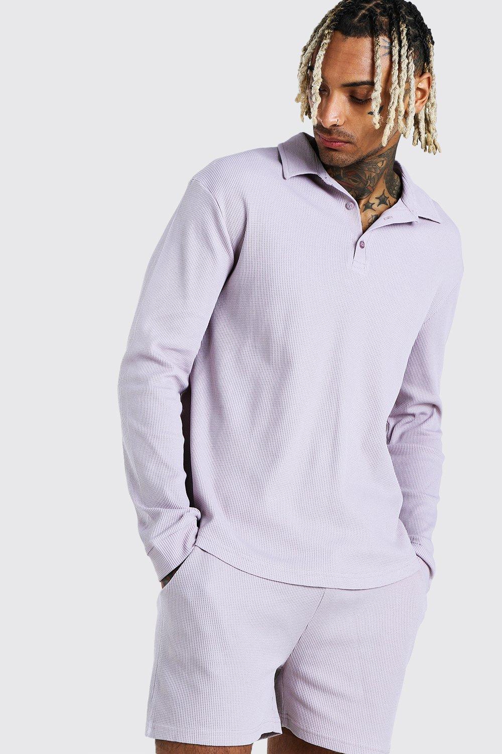 

Long Sleeve Half Placket Shirt & Short Set, Grey