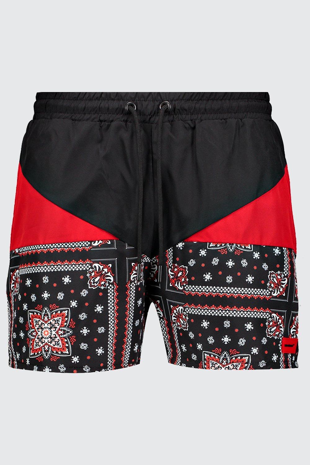 

Colour Block Bandana Swim Short With MAN Badge, Red