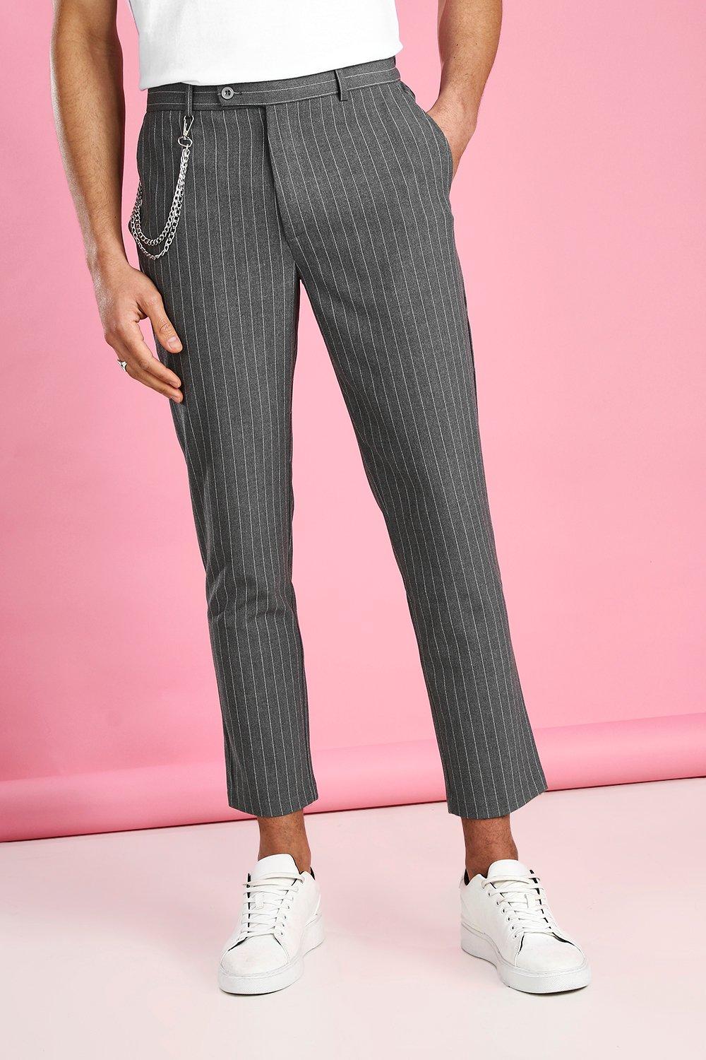 

Skinny Cropped Stripe Trouser With Chain, Grey