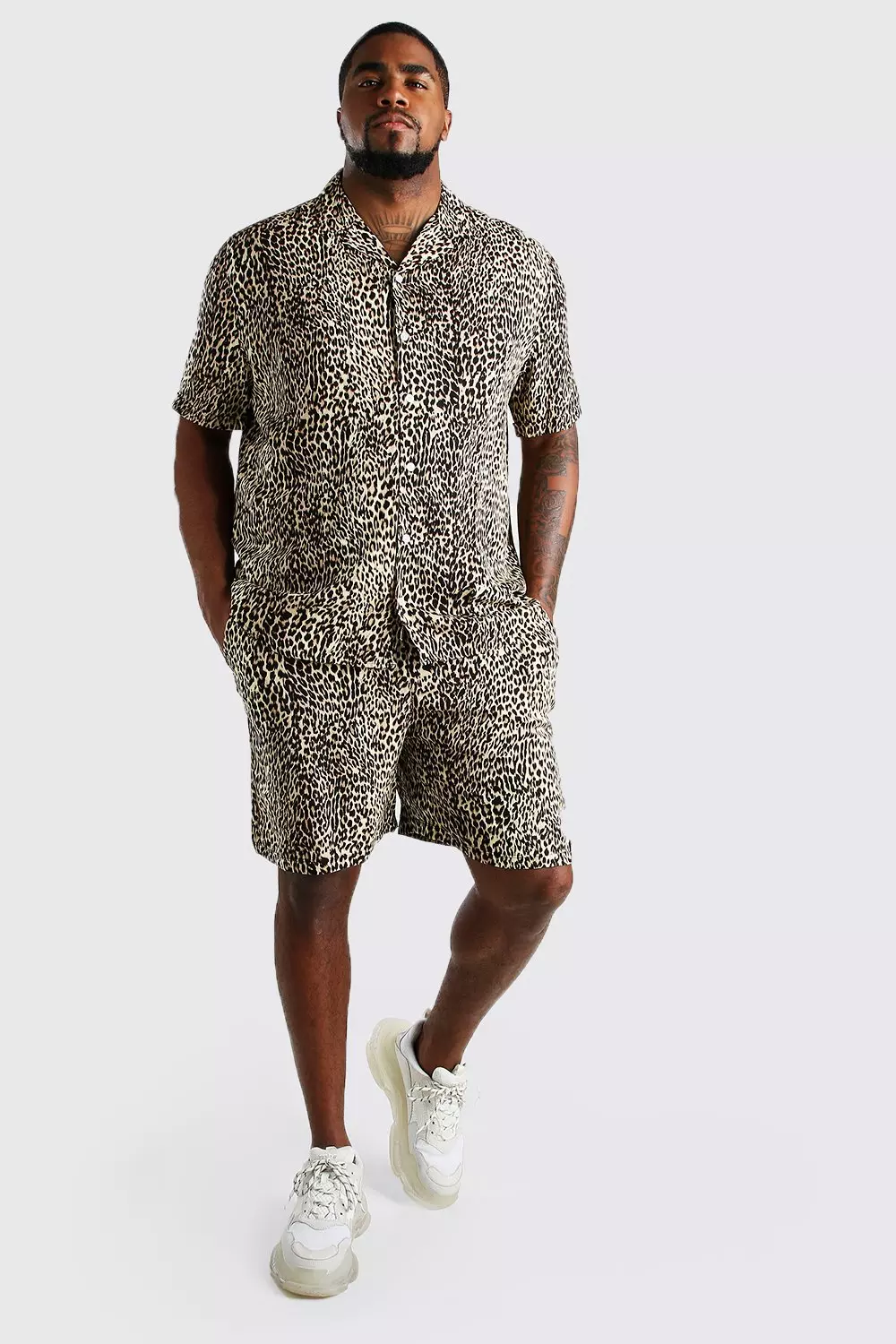 Plus Size Leopard Print Shirt And Short Set | boohooMAN USA