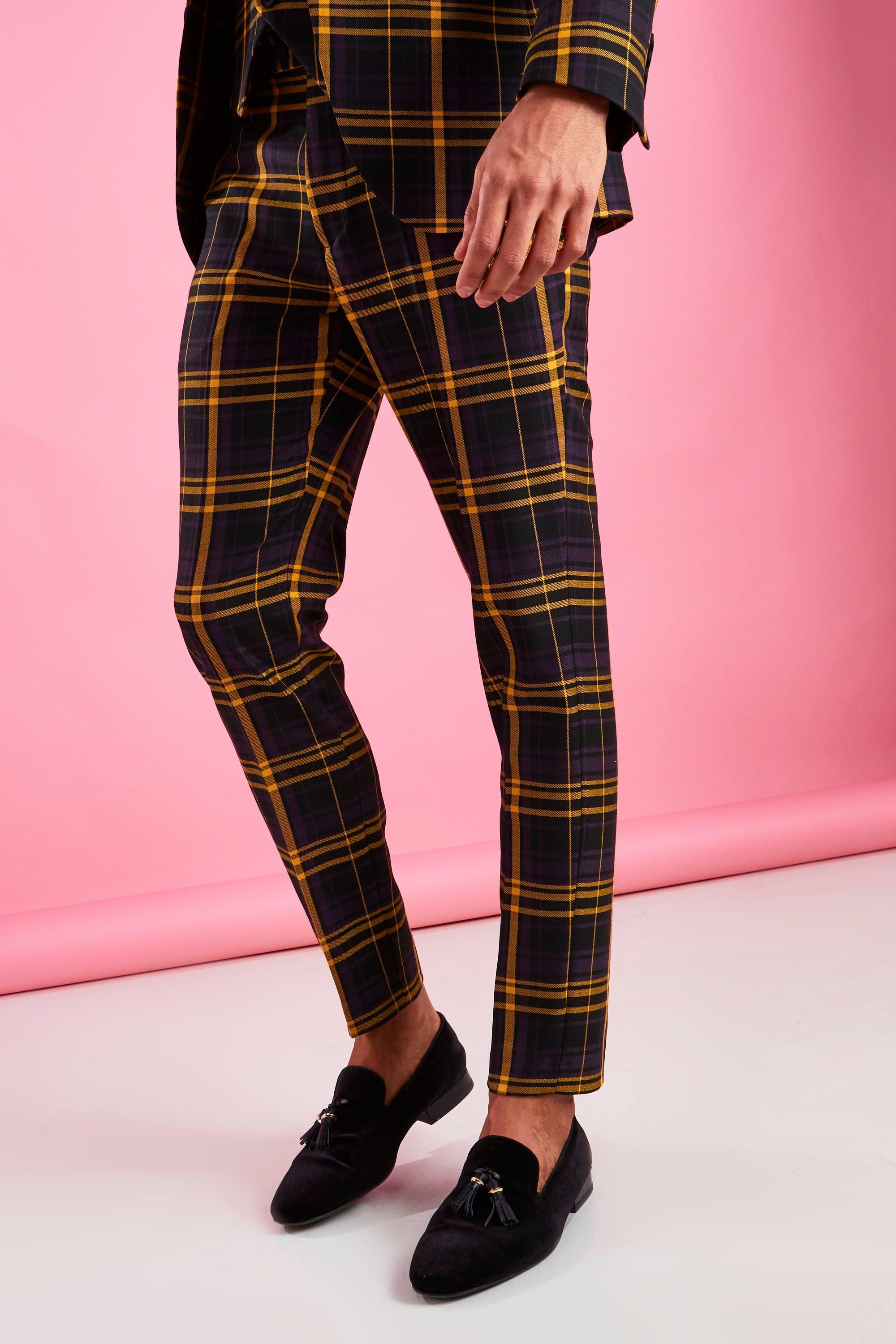 pink and black check trousers