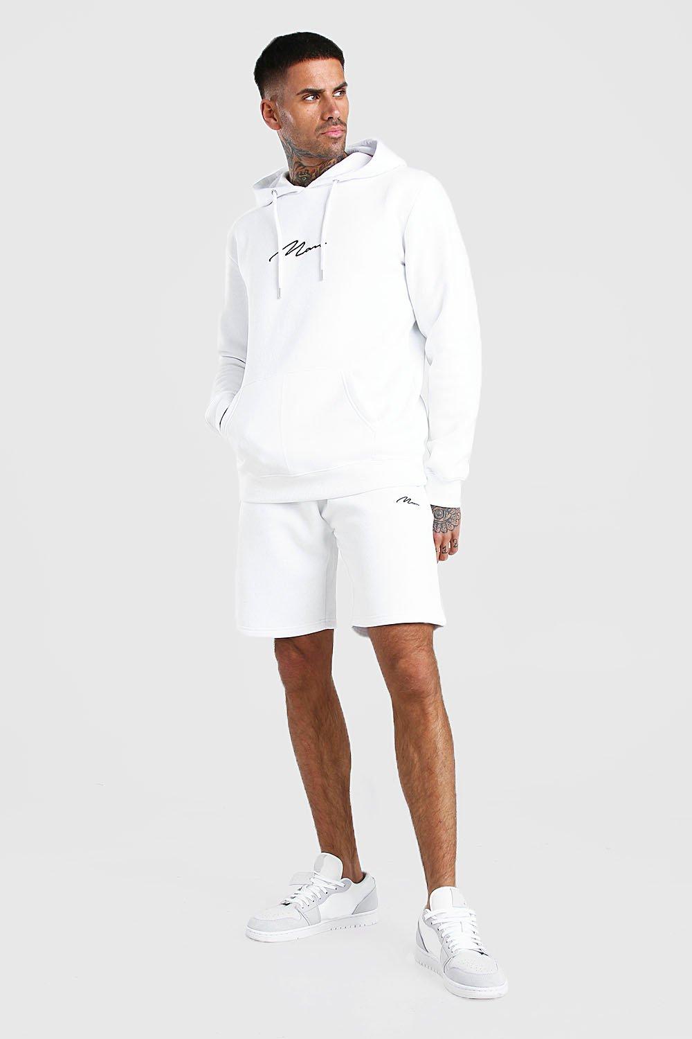 

Укороченный спортивный костюм MAN с капюшоном и фирменной вышивкой, White