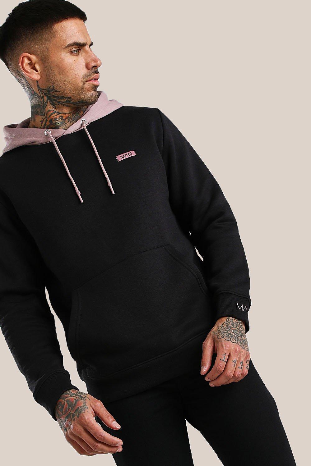 boohooman hoodie with man embroidery in black