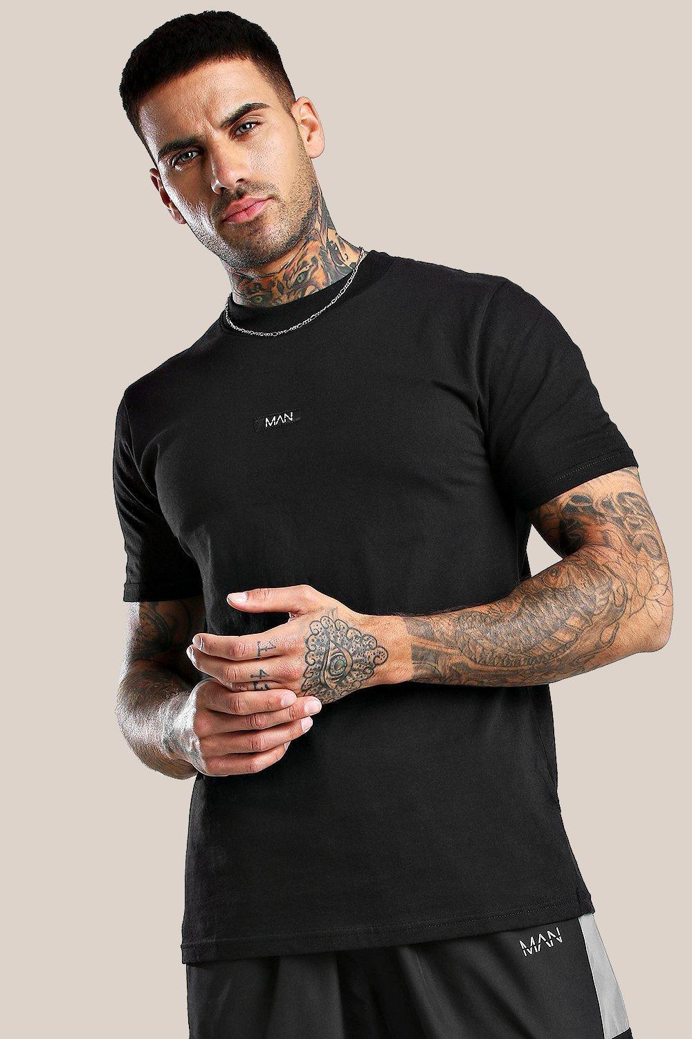 

Тканая оригинальная футболка MAN с этикеткой и удлиненной горловиной, Black