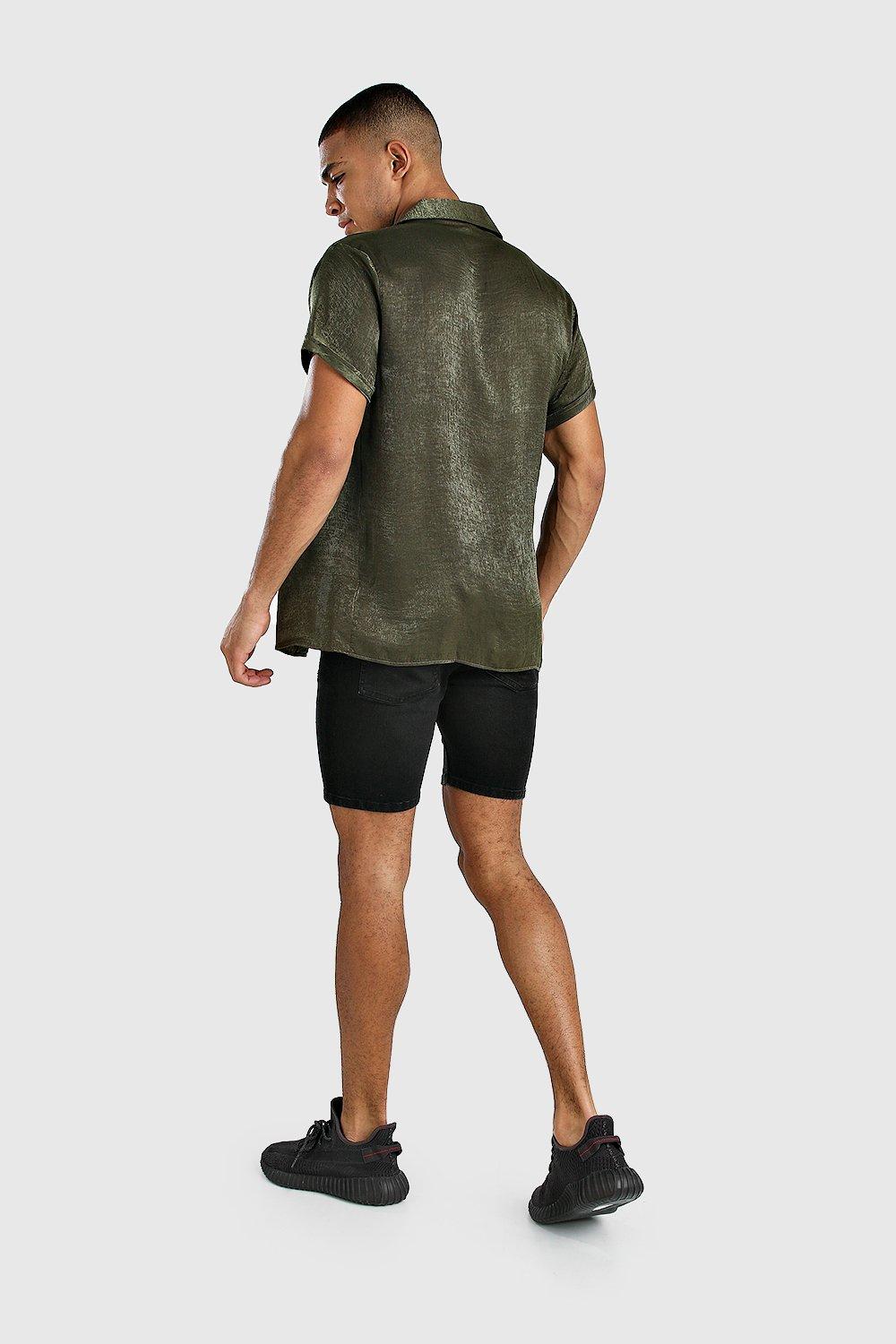 

Атласная текстурированная рубашка с отложным воротником и короткими рукавами, Khaki