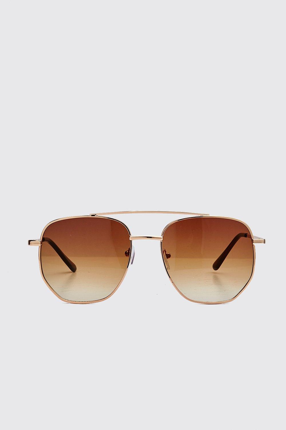 Mens Brown Hexagon Top Bar Sunglasses, Brown
