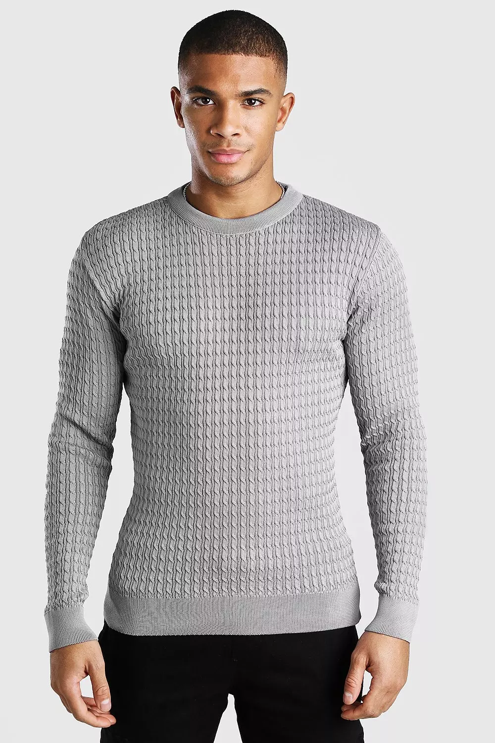 Long Sleeve Muscle Fit Cable Knit Smart Jumper | boohooMAN