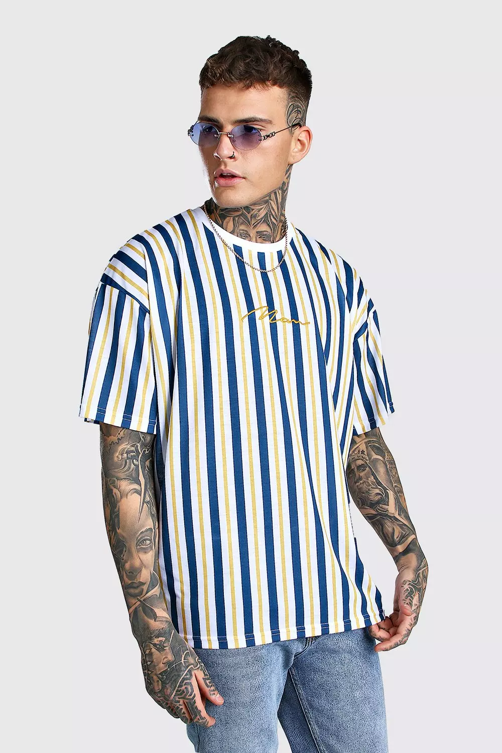 Oversized MAN Signature Vertical Stripe T Shirt boohooMAN USA