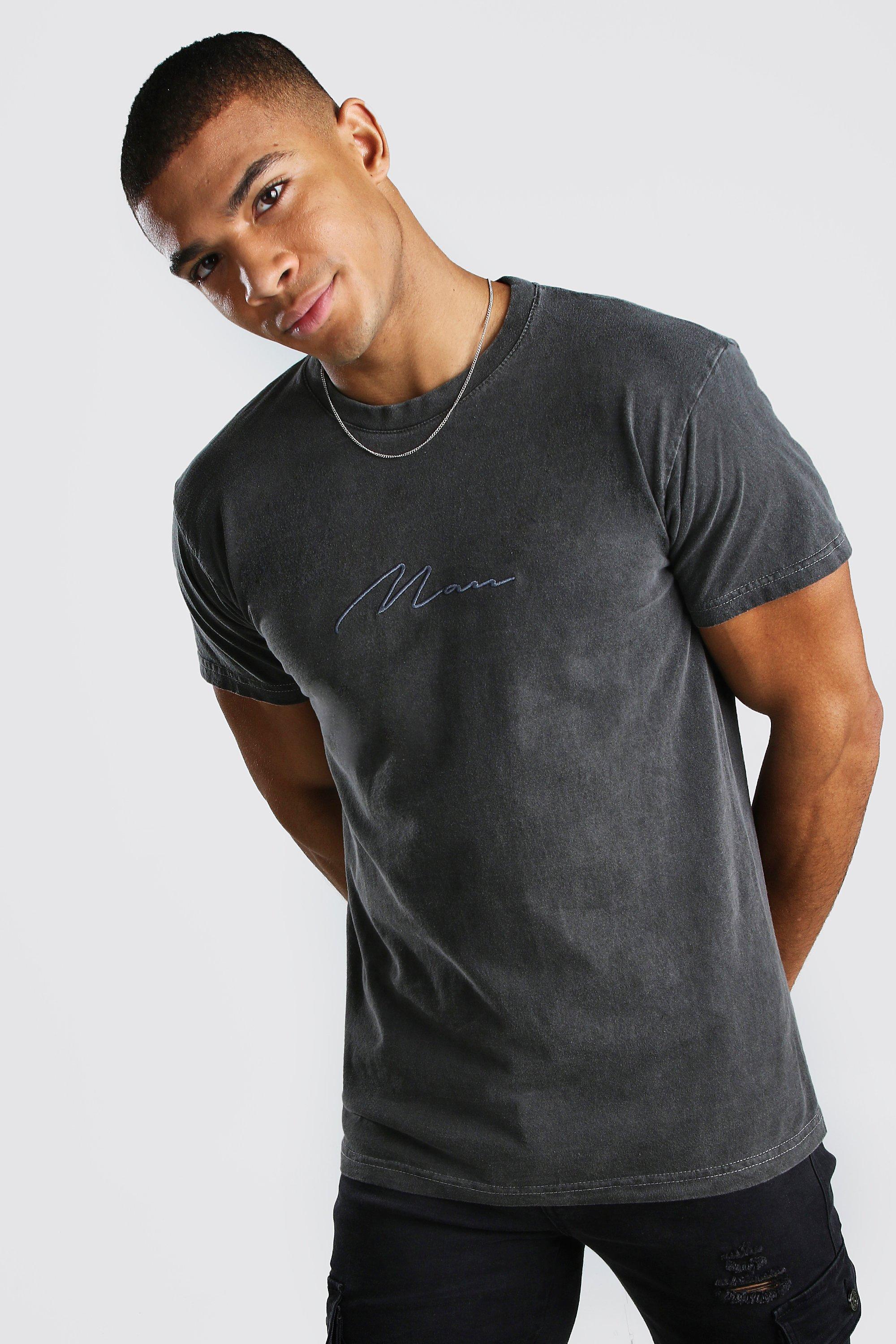 Mens Grey Regular Fit MAN Signature Washed T-Shirt, Grey