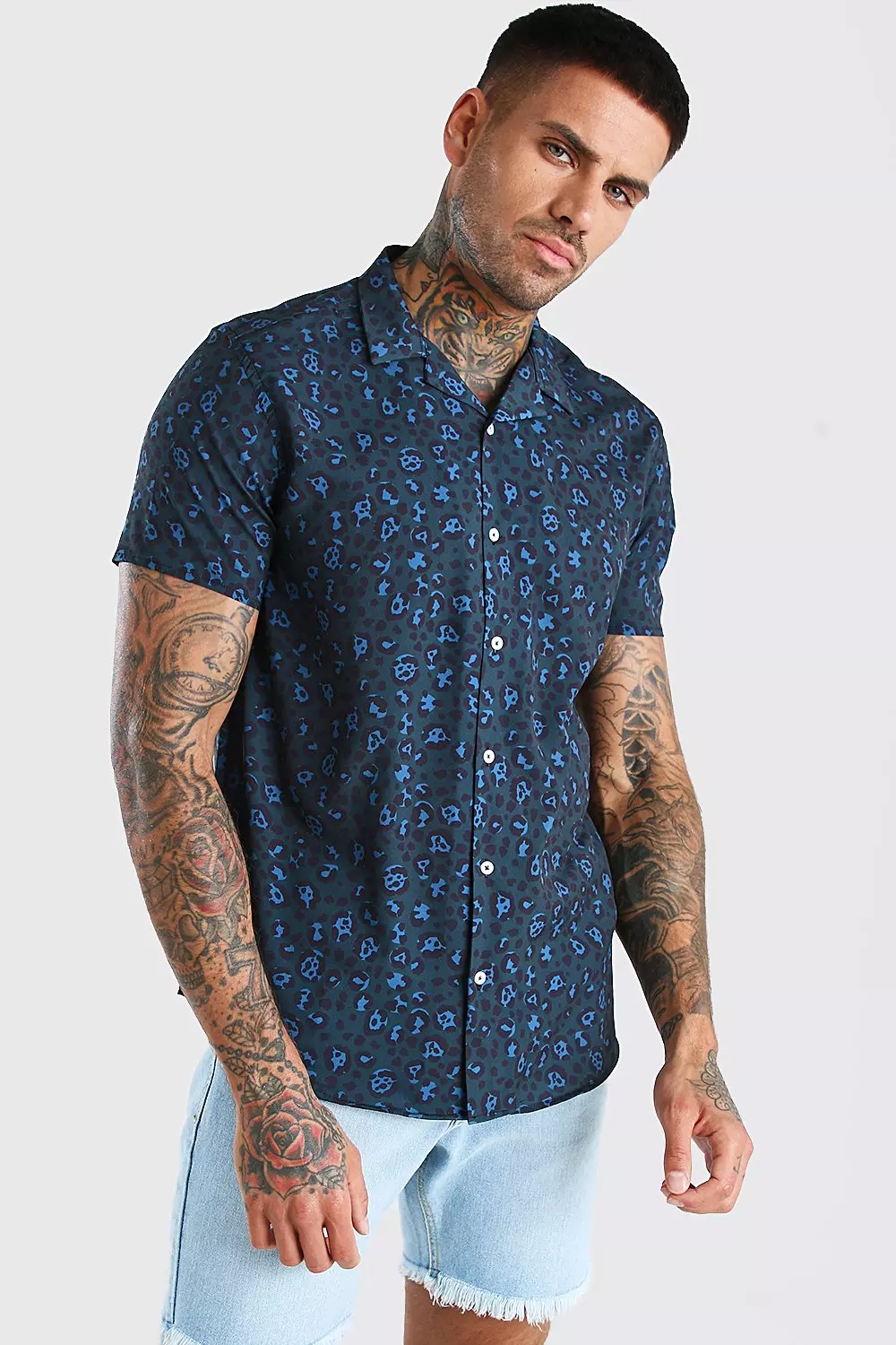 Short Sleeve Revere Collar Leopard Print Shirt | boohooMAN USA