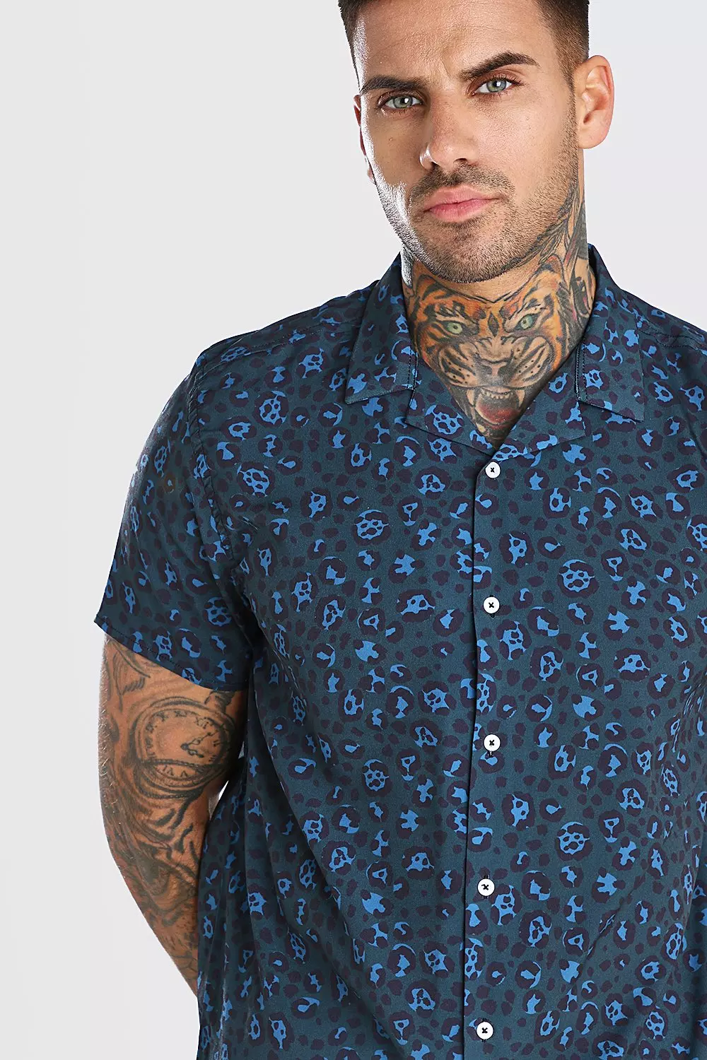 Short Sleeve Revere Collar Leopard Print Shirt | boohooMAN USA