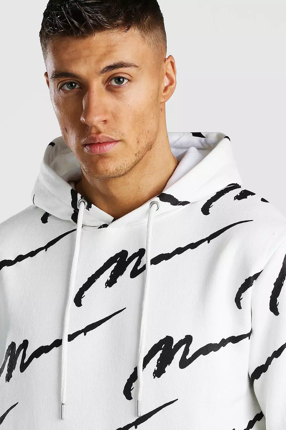 All over man best sale printed hooded tracksuit grey