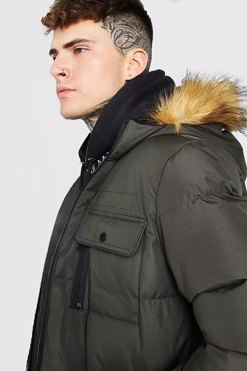 Boohooman parka with hot sale faux fur in khaki