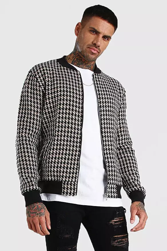 Wool Look Houndstooth Bomber Jacket