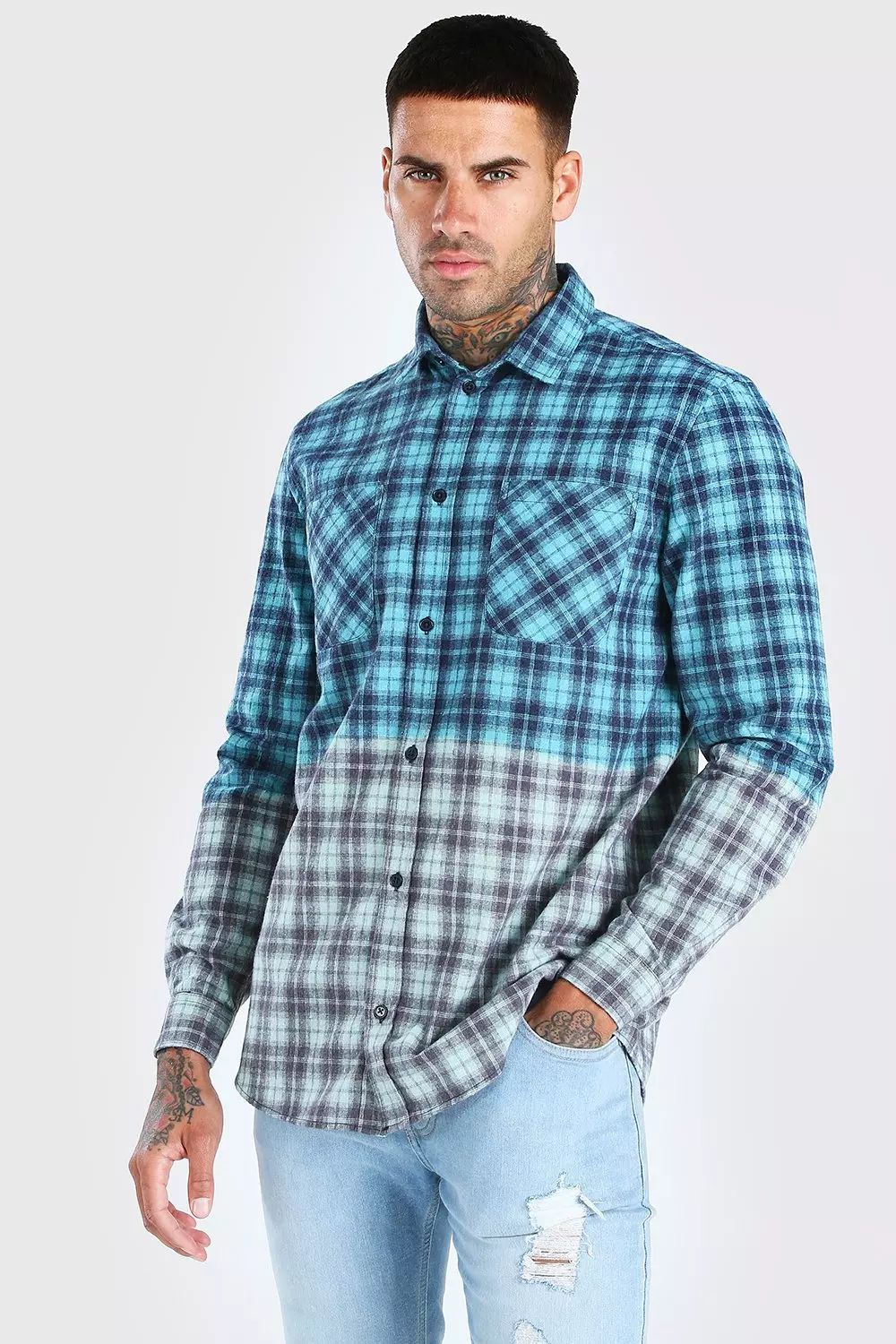 Long Sleeve Ombre Check Shirt | boohooMAN