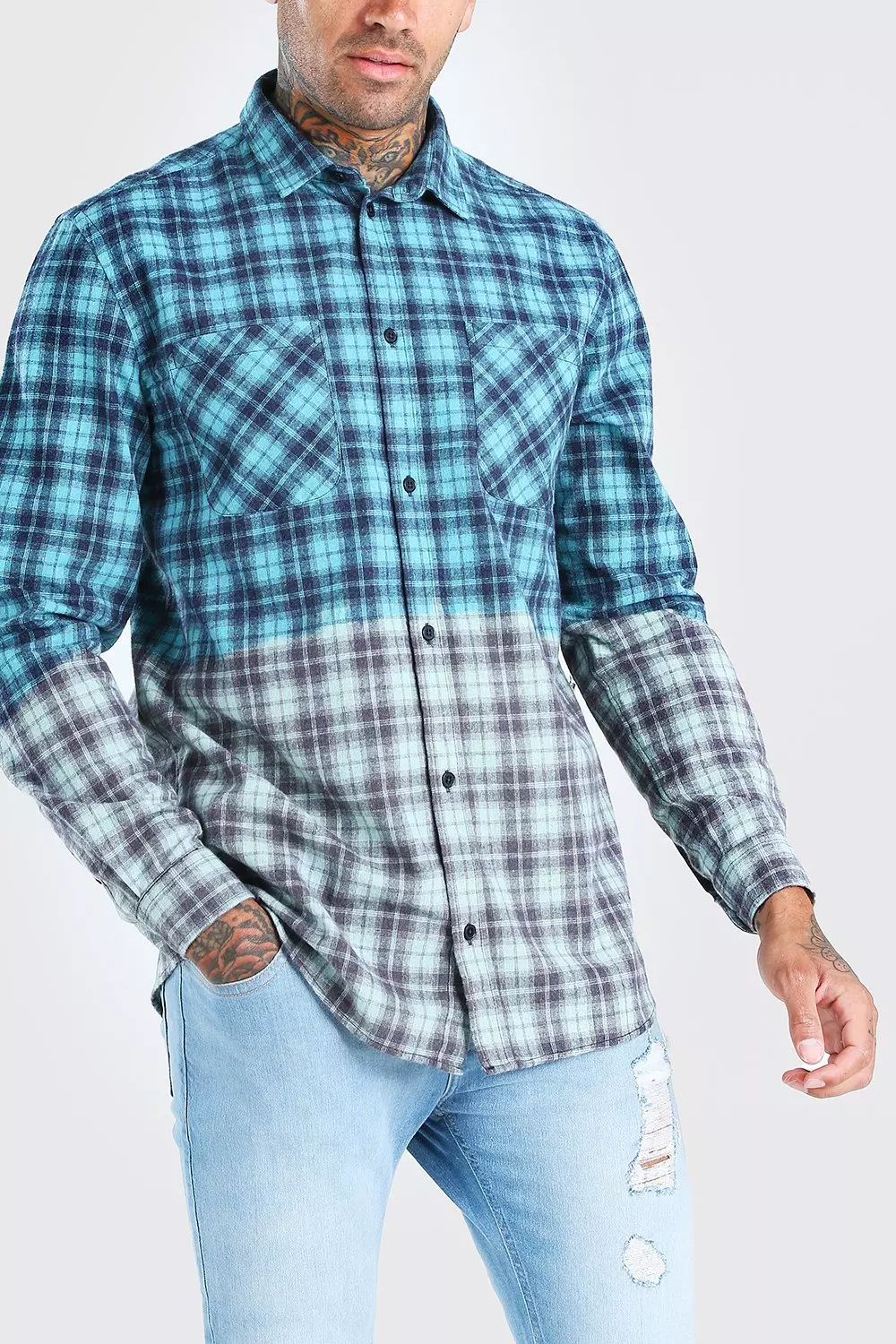 Long Sleeve Ombre Check Shirt | boohooMAN