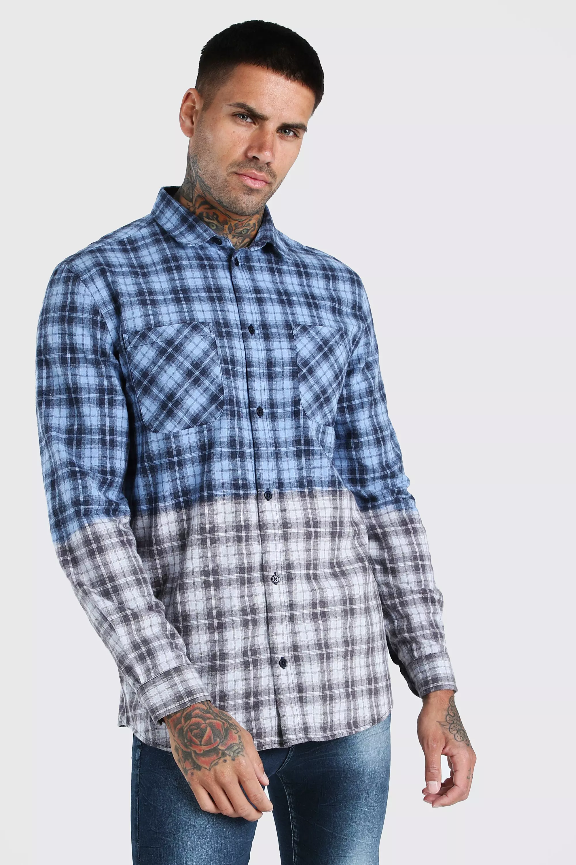 Long Sleeve Ombre Check Shirt | boohooMAN USA