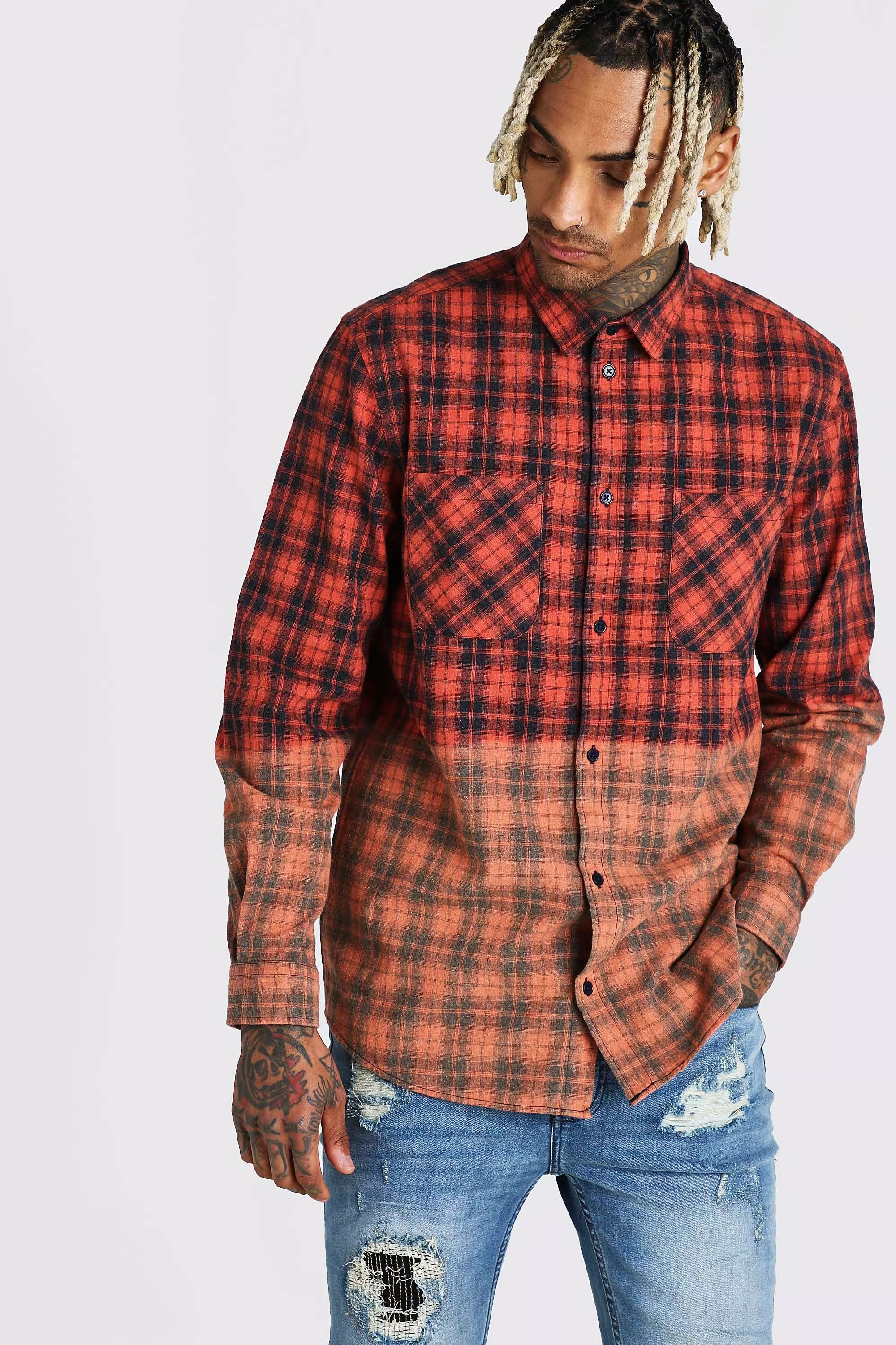 Long Sleeve Ombre Check Shirt | boohooMAN UK