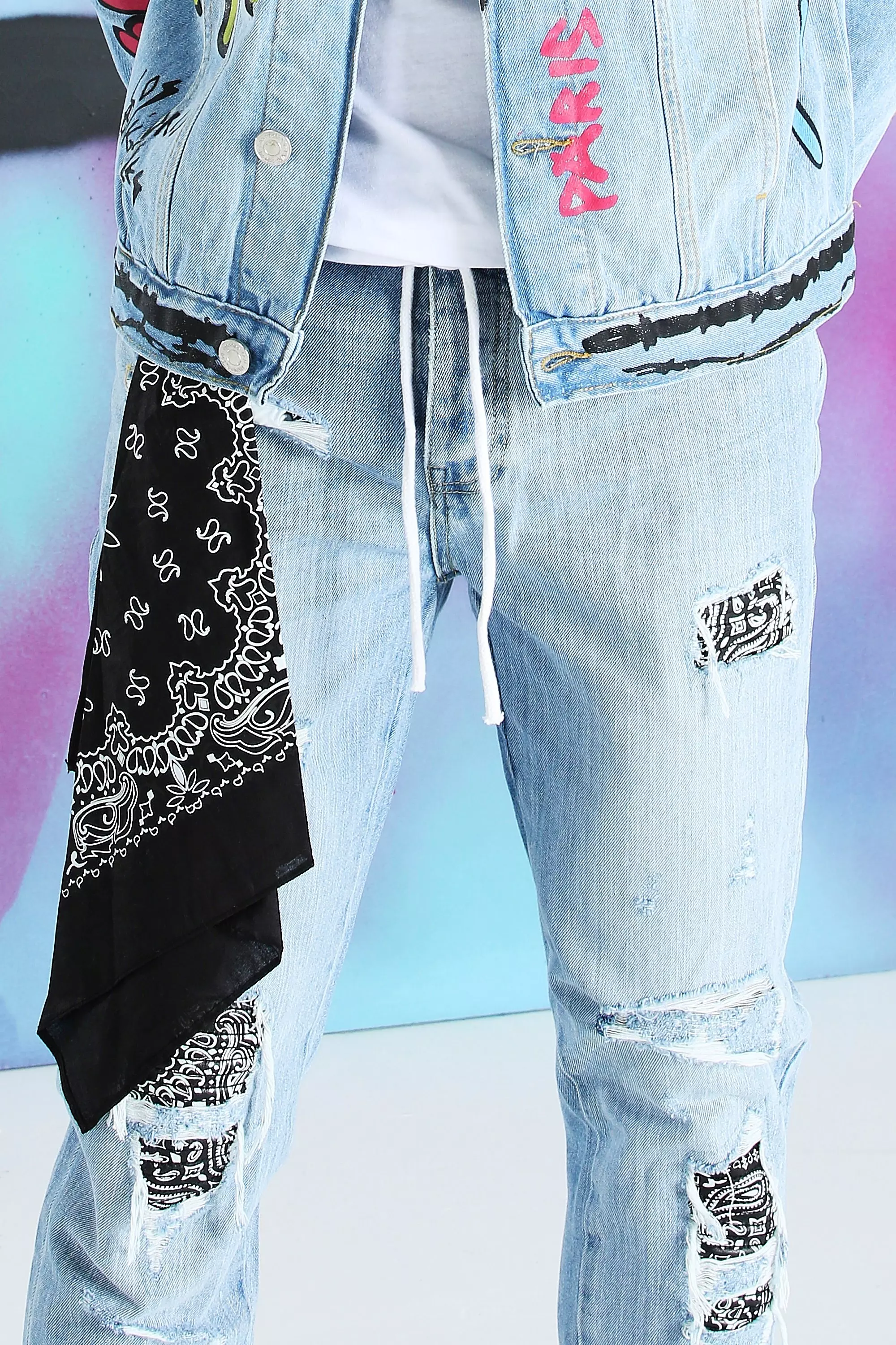 Skinny Rigid Bandana Rip Jeans with Chain