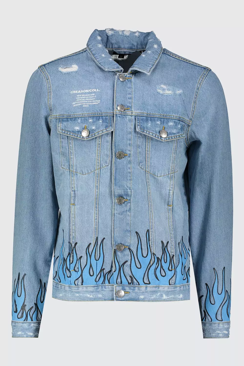 Quavo Skull And Flame Denim Jacket | boohooMAN USA