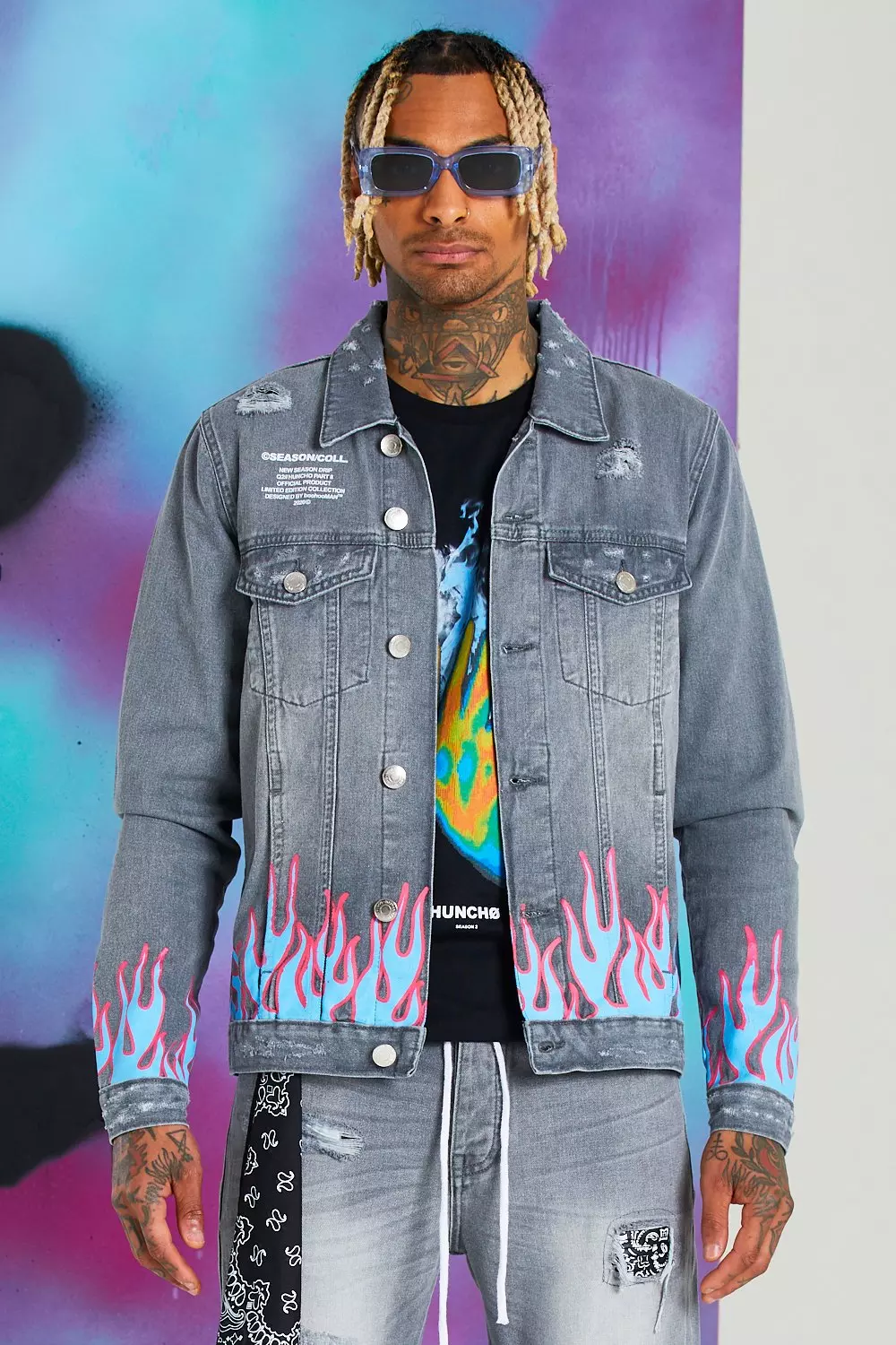 Quavo Skull And Flame Denim Jacket boohooMAN UK