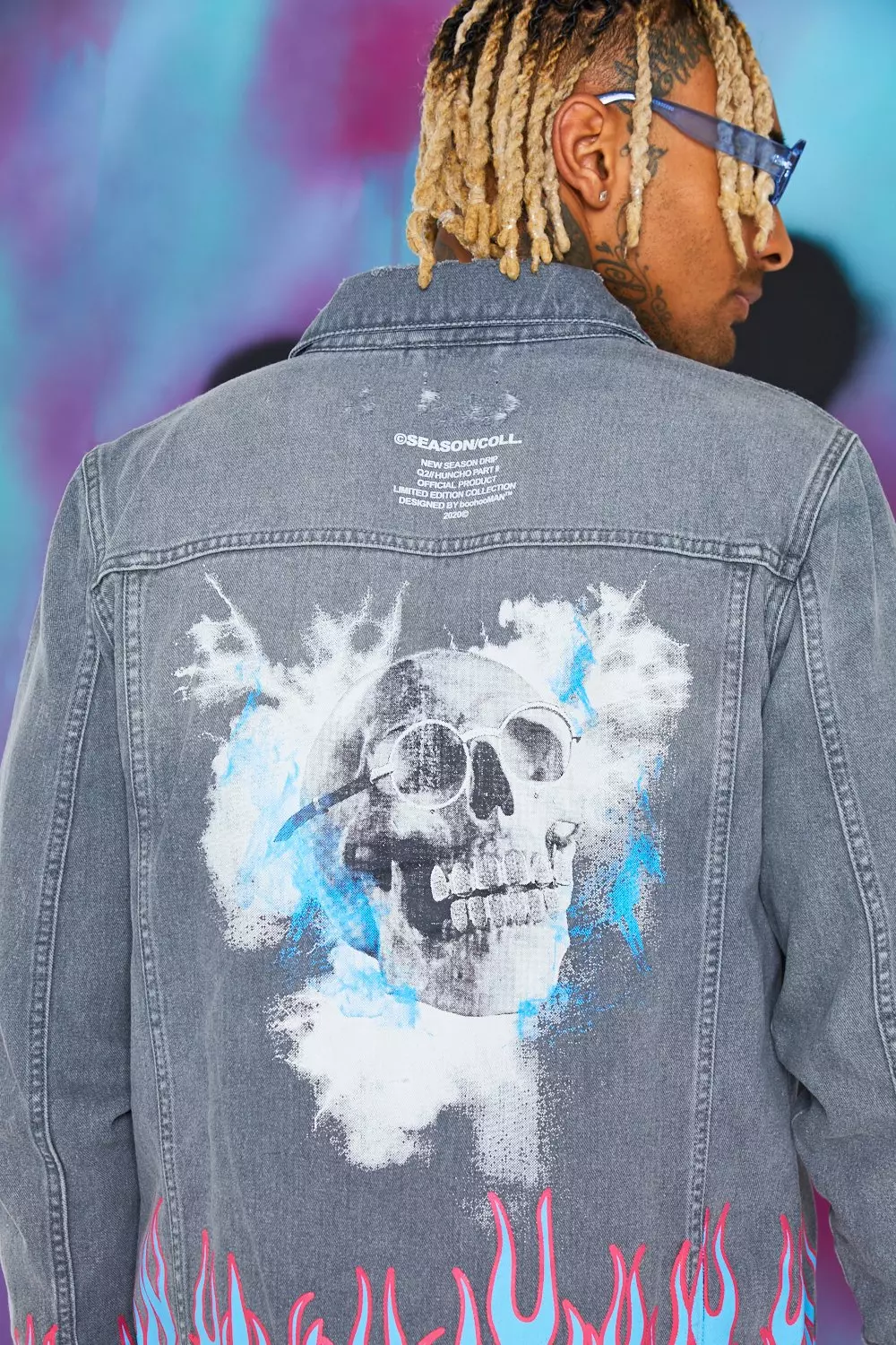 Quavo Skull And Flame Denim Jacket | boohooMAN UK