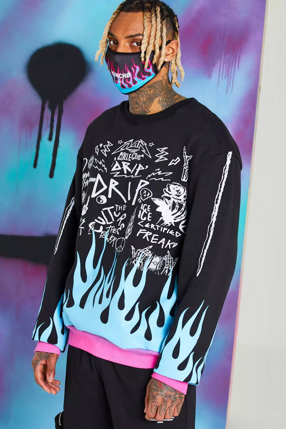 Quavo Graffiti Print Flame Sweater boohooMAN USA