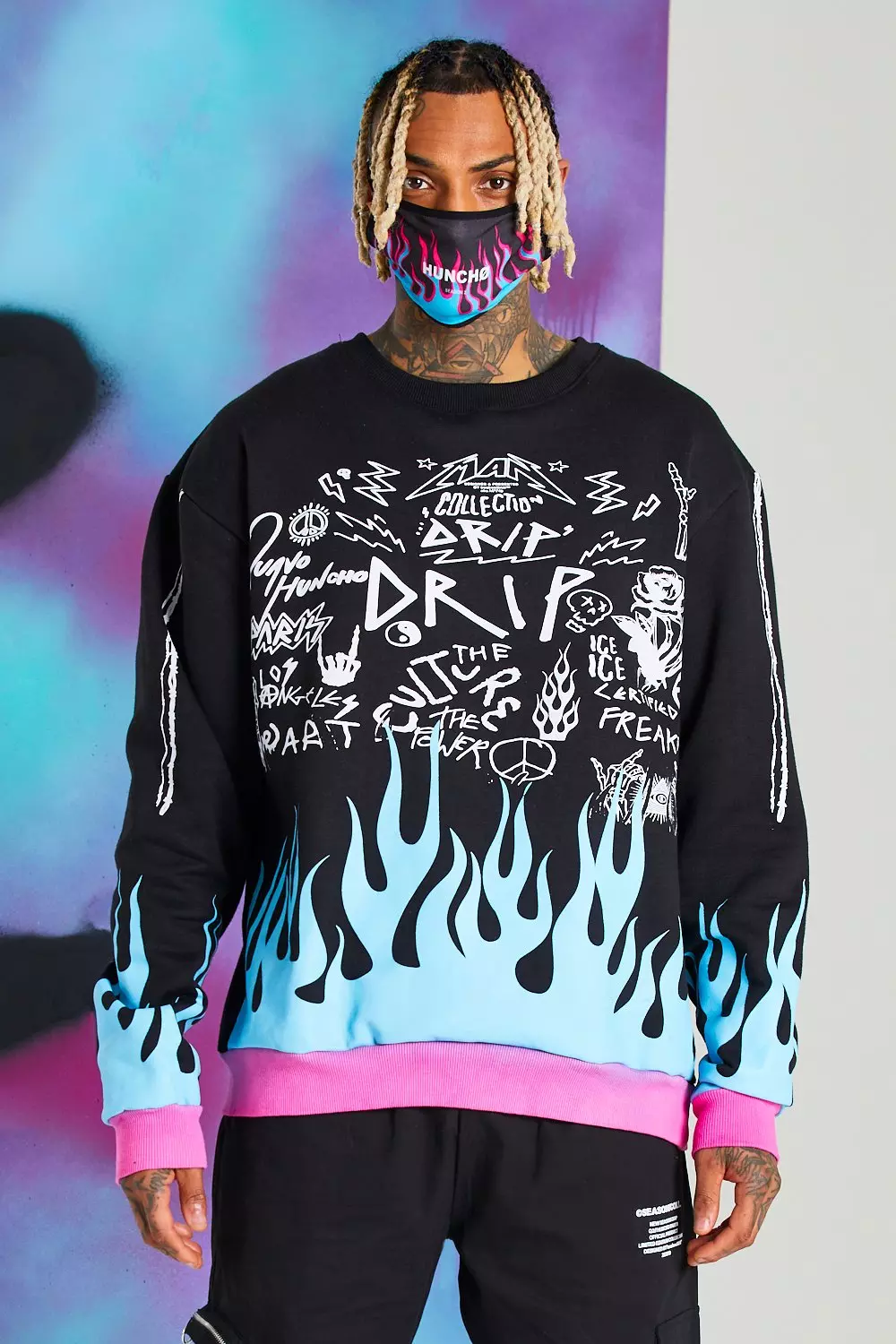 Quavo Graffiti Print Flame Sweater boohooMAN USA